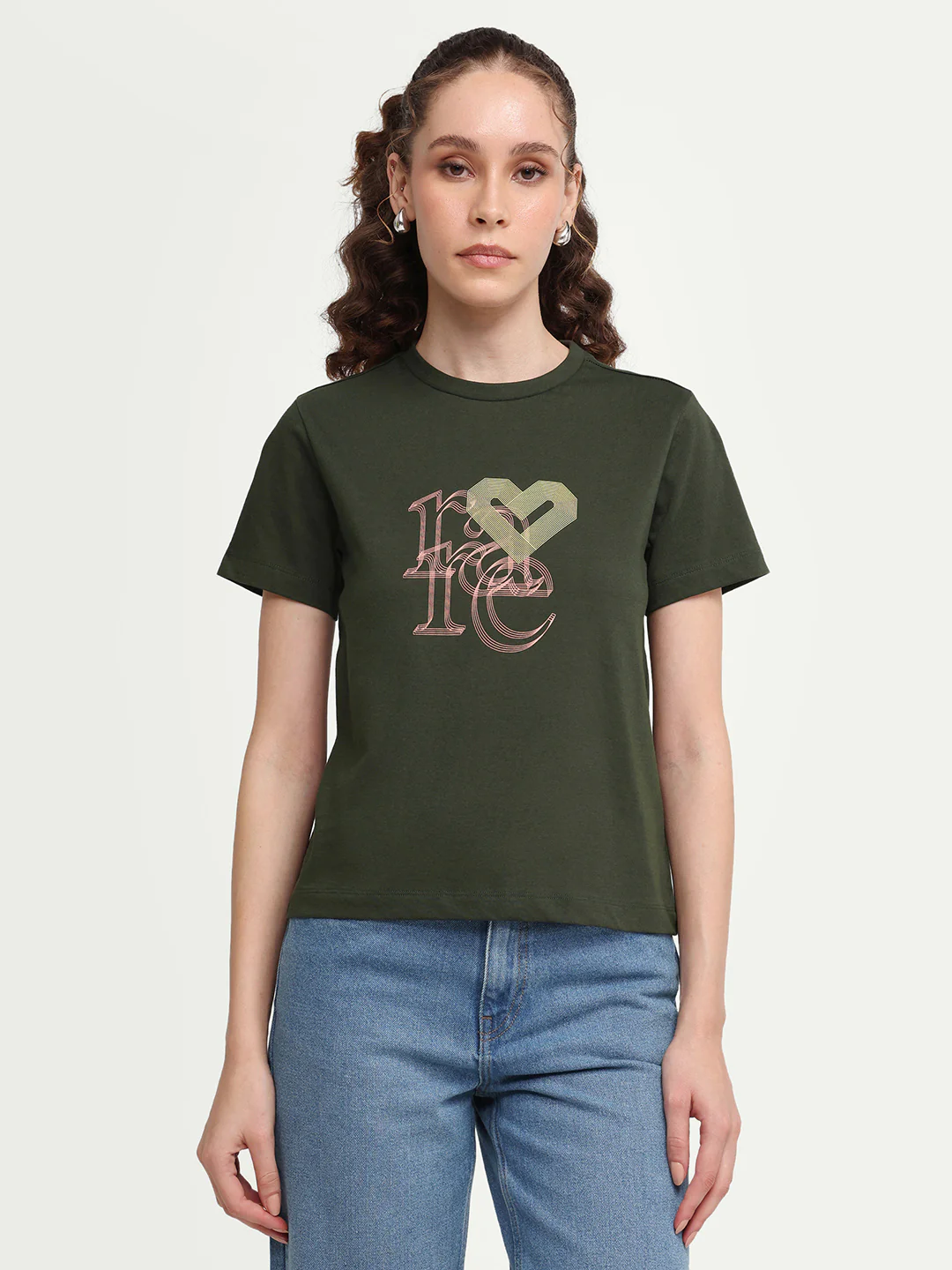 Rareism Women's Zera Olive Cotton Crew Neck Pull-On Regular Graphic Print T-Shirt - Image 4