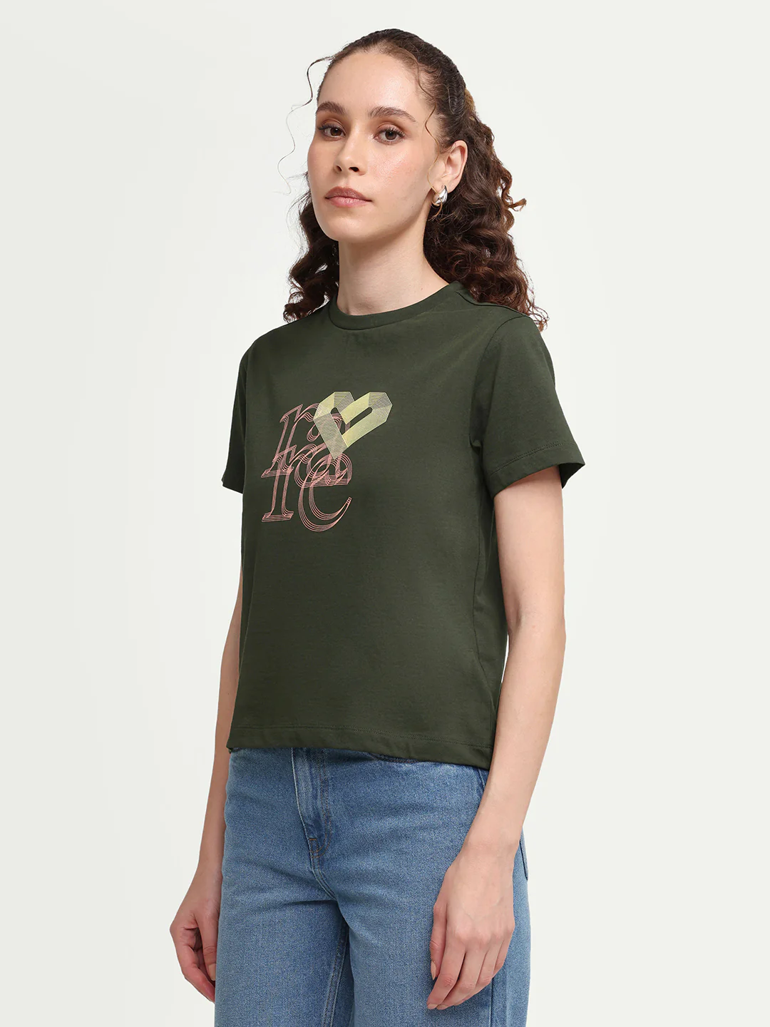Rareism Women's Zera Olive Cotton Crew Neck Pull-On Regular Graphic Print T-Shirt - Image 5