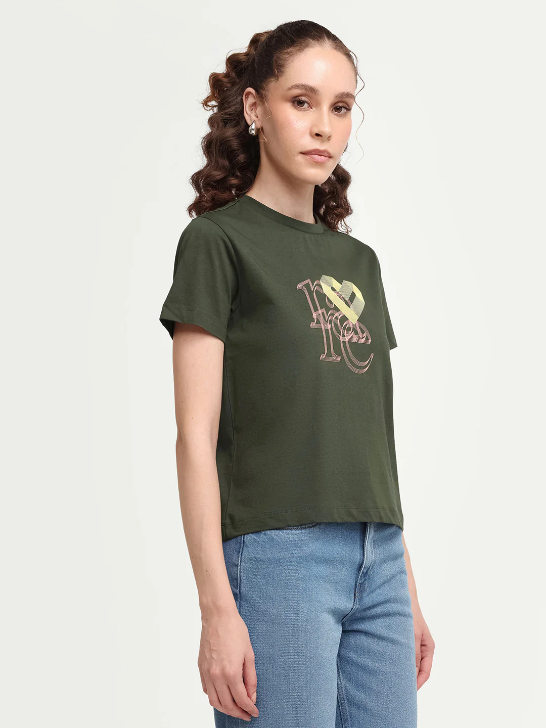 Rareism Women's Zera Olive Cotton Crew Neck Pull-On Regular Graphic Print T-Shirt - Image 6