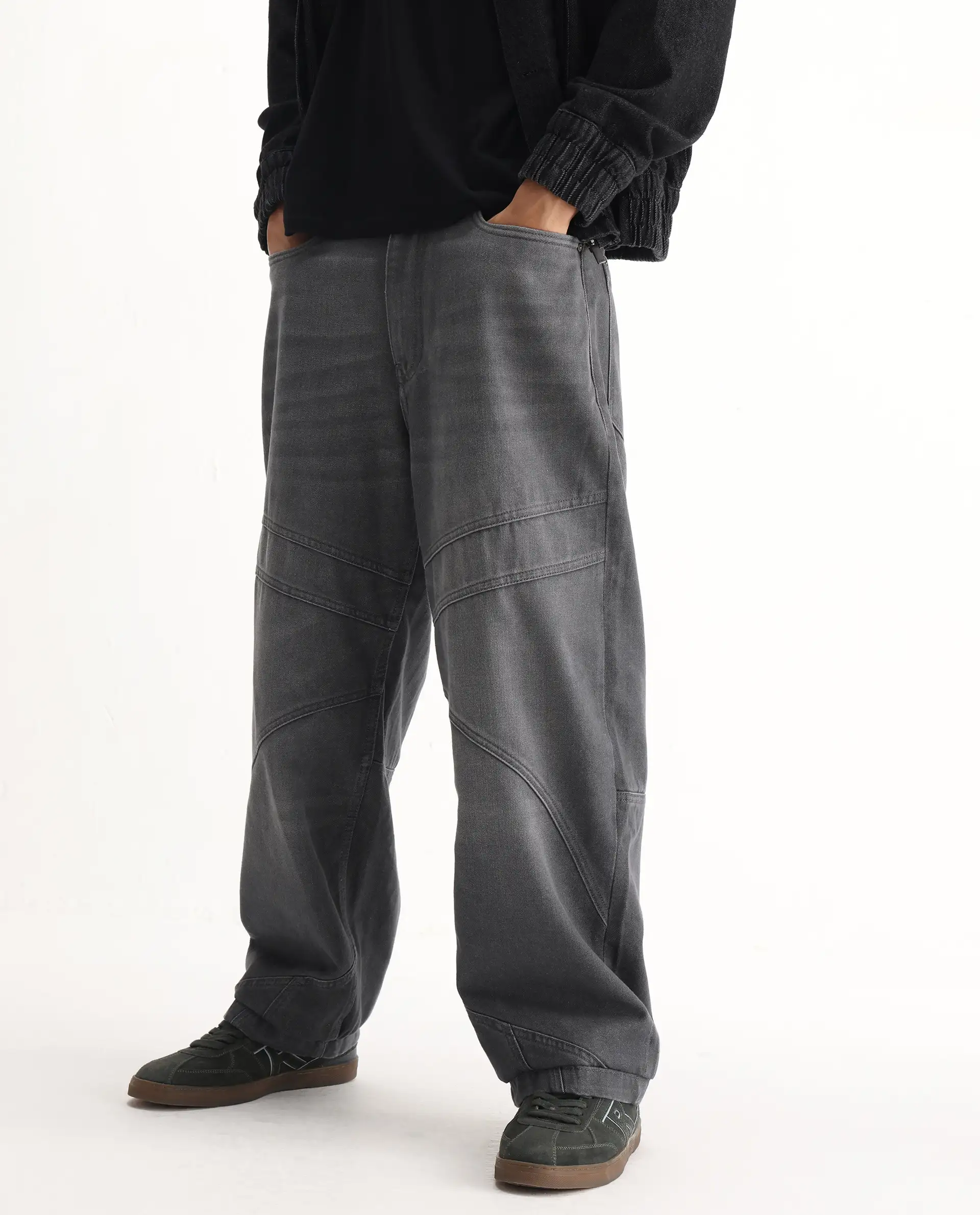 Rare Rabbit Men's Zeret Dark Grey Cotton Plain Baggy Fit Jeans - Image 2