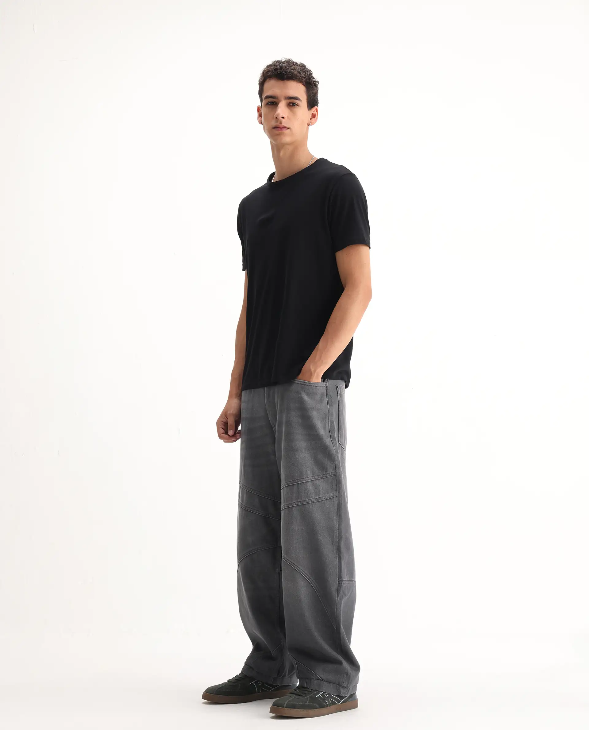 Rare Rabbit Men's Zeret Dark Grey Cotton Plain Baggy Fit Jeans - Image 4