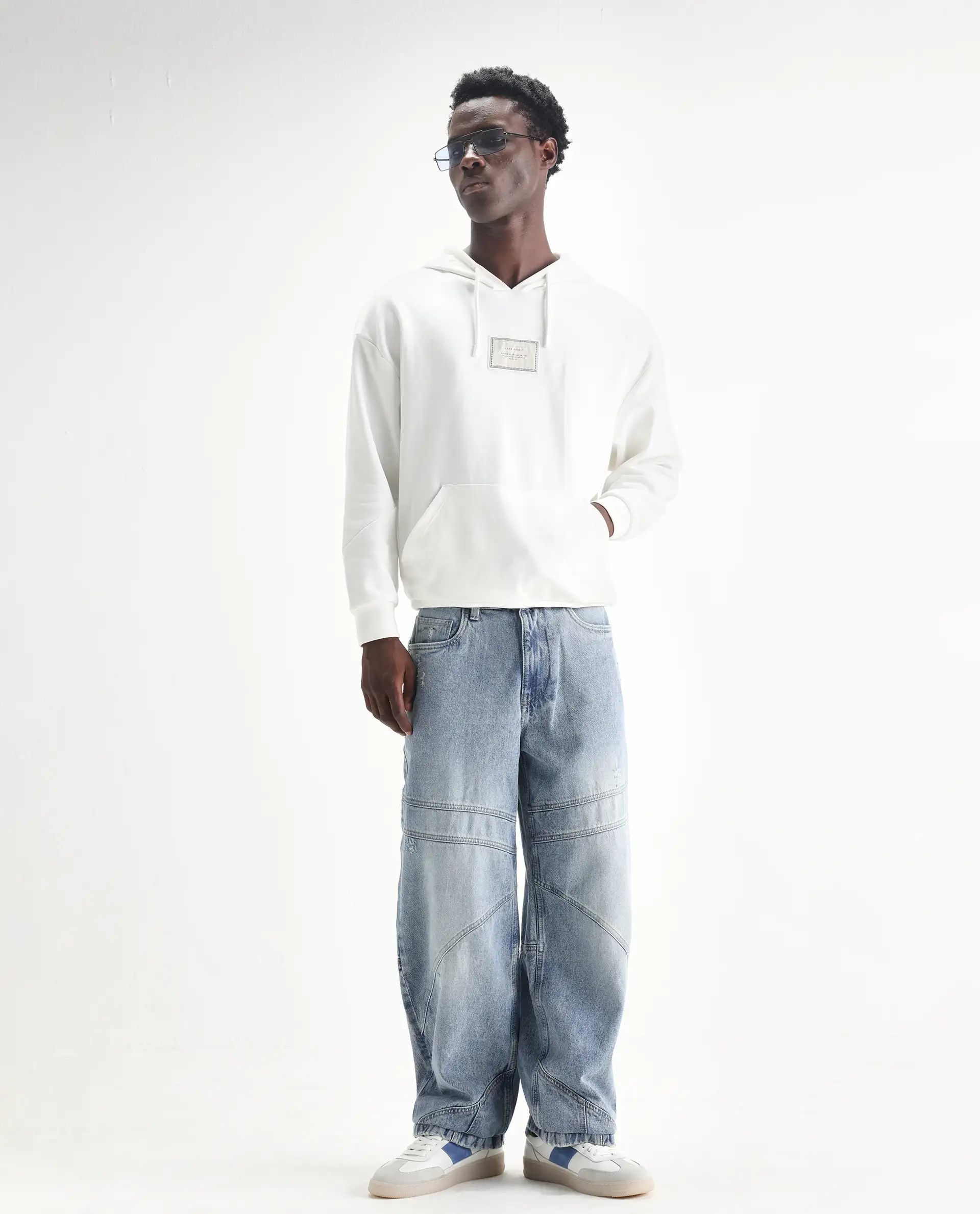 Rare Rabbit Men's Zeret Pastel Blue Cotton Plain Baggy Fit Jeans