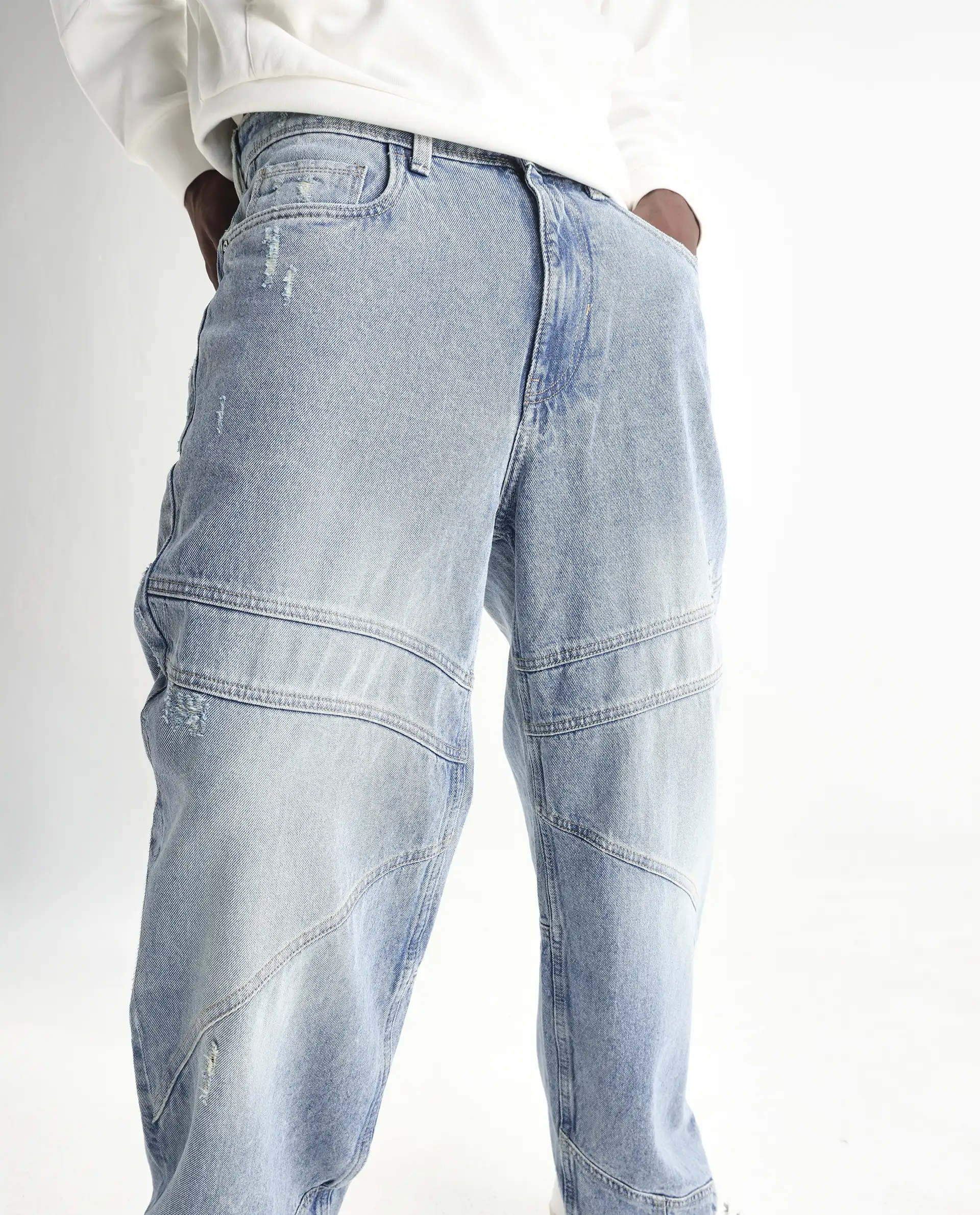 Rare Rabbit Men's Zeret Pastel Blue Cotton Plain Baggy Fit Jeans - Image 2