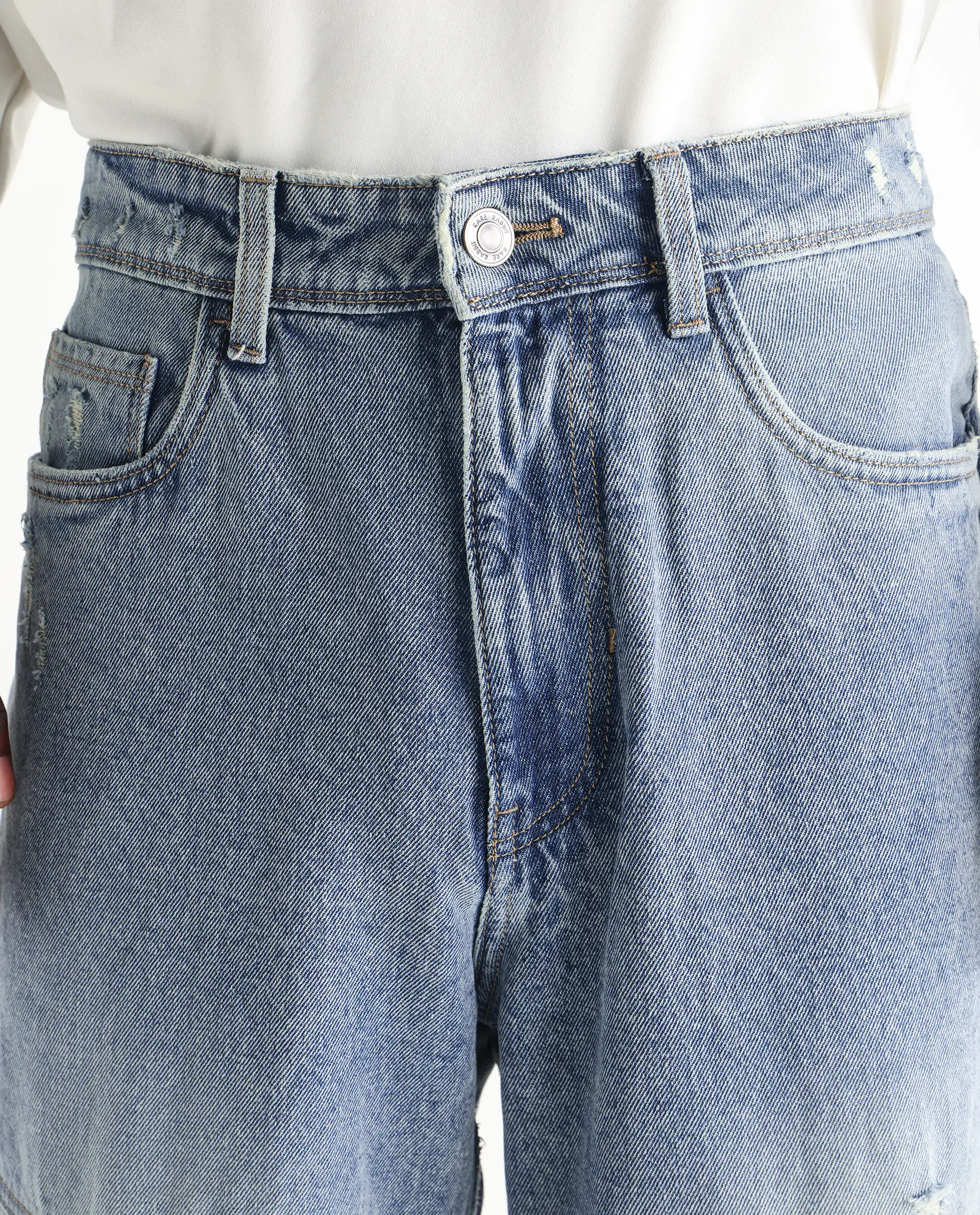 Rare Rabbit Men's Zeret Pastel Blue Cotton Plain Baggy Fit Jeans - Image 3