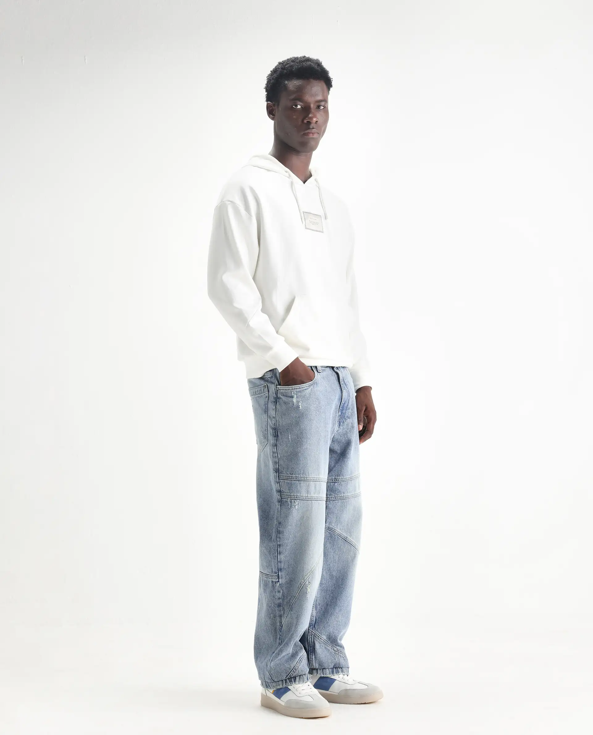 Rare Rabbit Men's Zeret Pastel Blue Cotton Plain Baggy Fit Jeans - Image 5