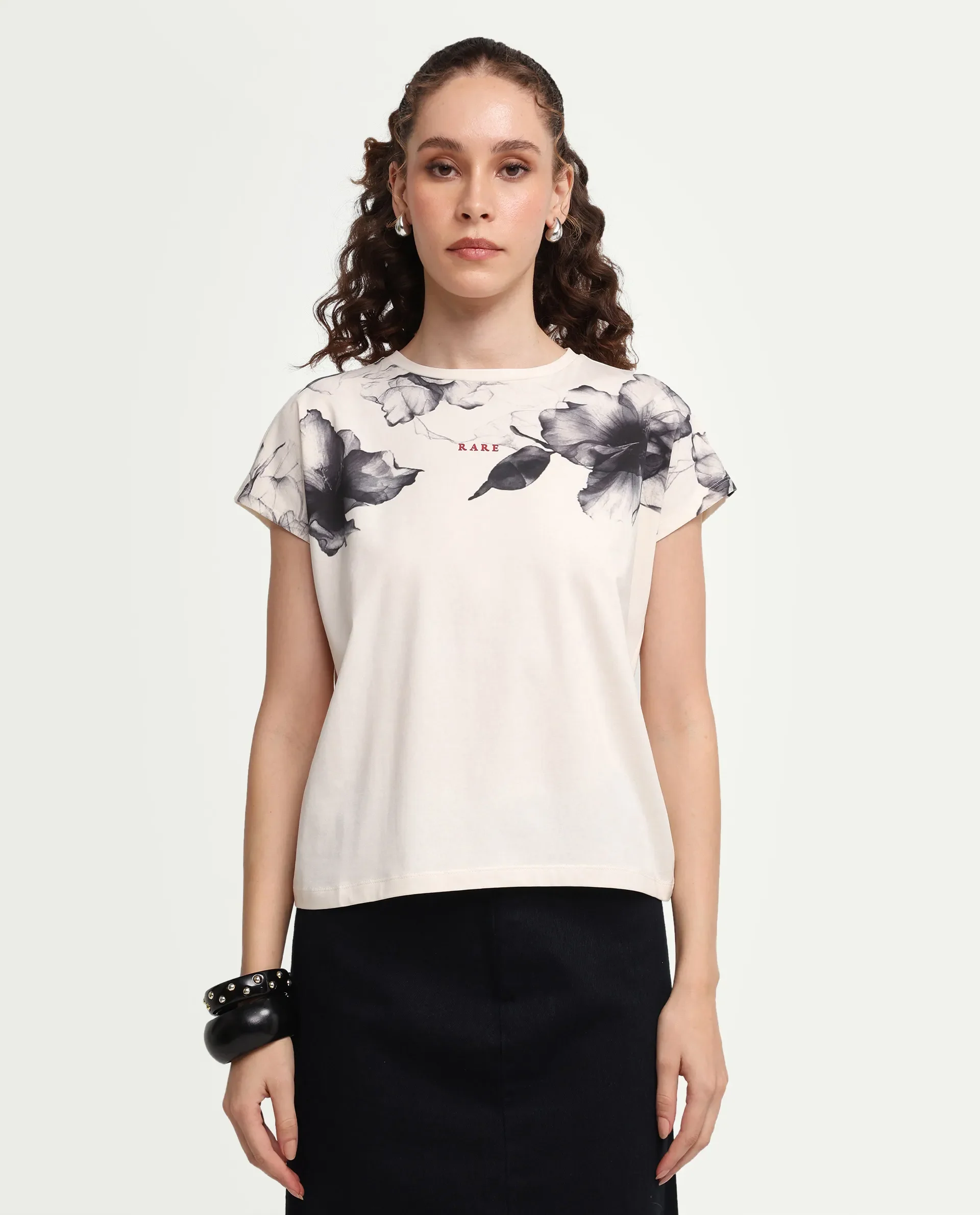 Rareism Women's Zern Off White Cotton Blend Half Sleeve Relaxed Fit Digital Print T-Shirt - Image 3
