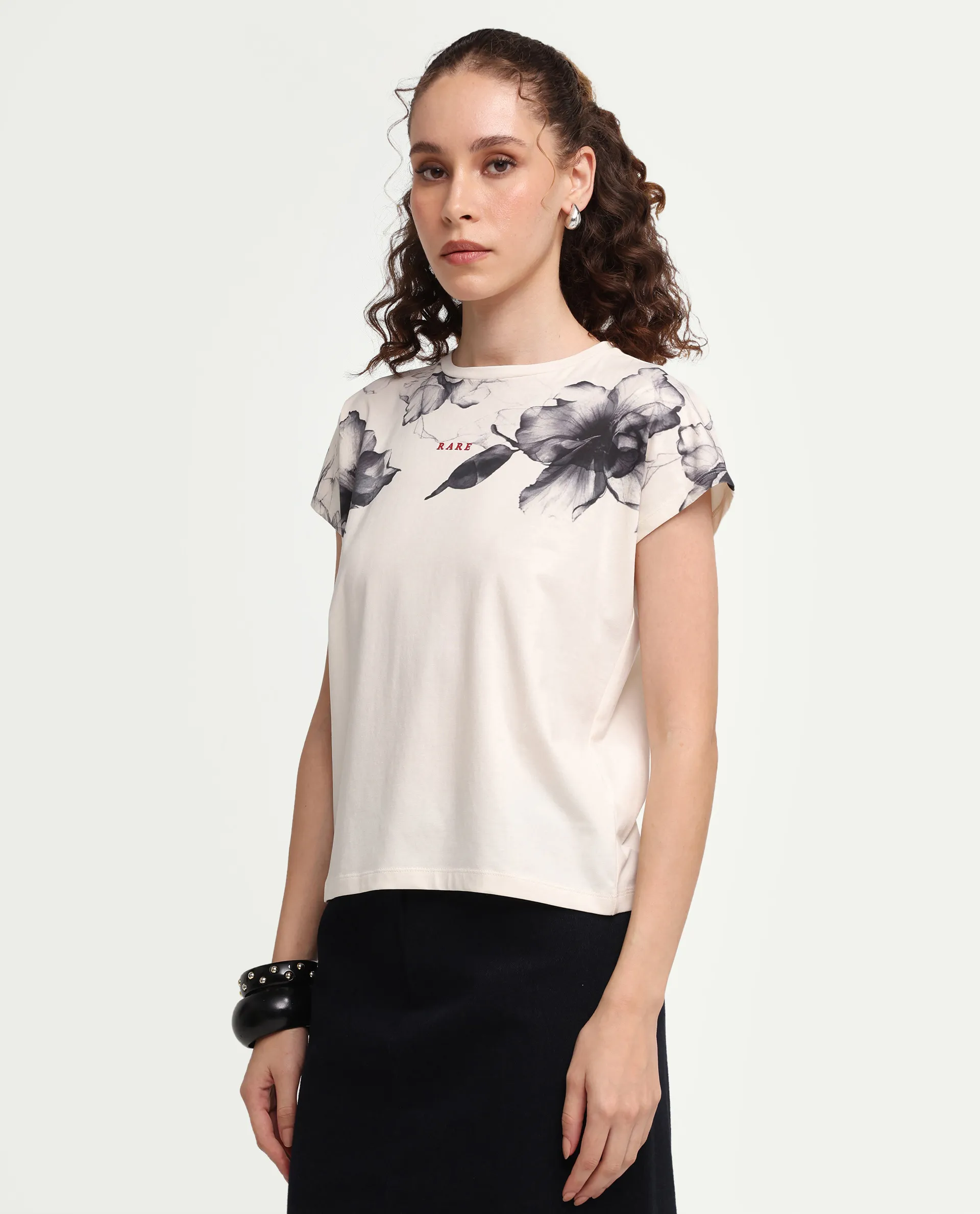 Rareism Women's Zern Off White Cotton Blend Half Sleeve Relaxed Fit Digital Print T-Shirt - Image 5