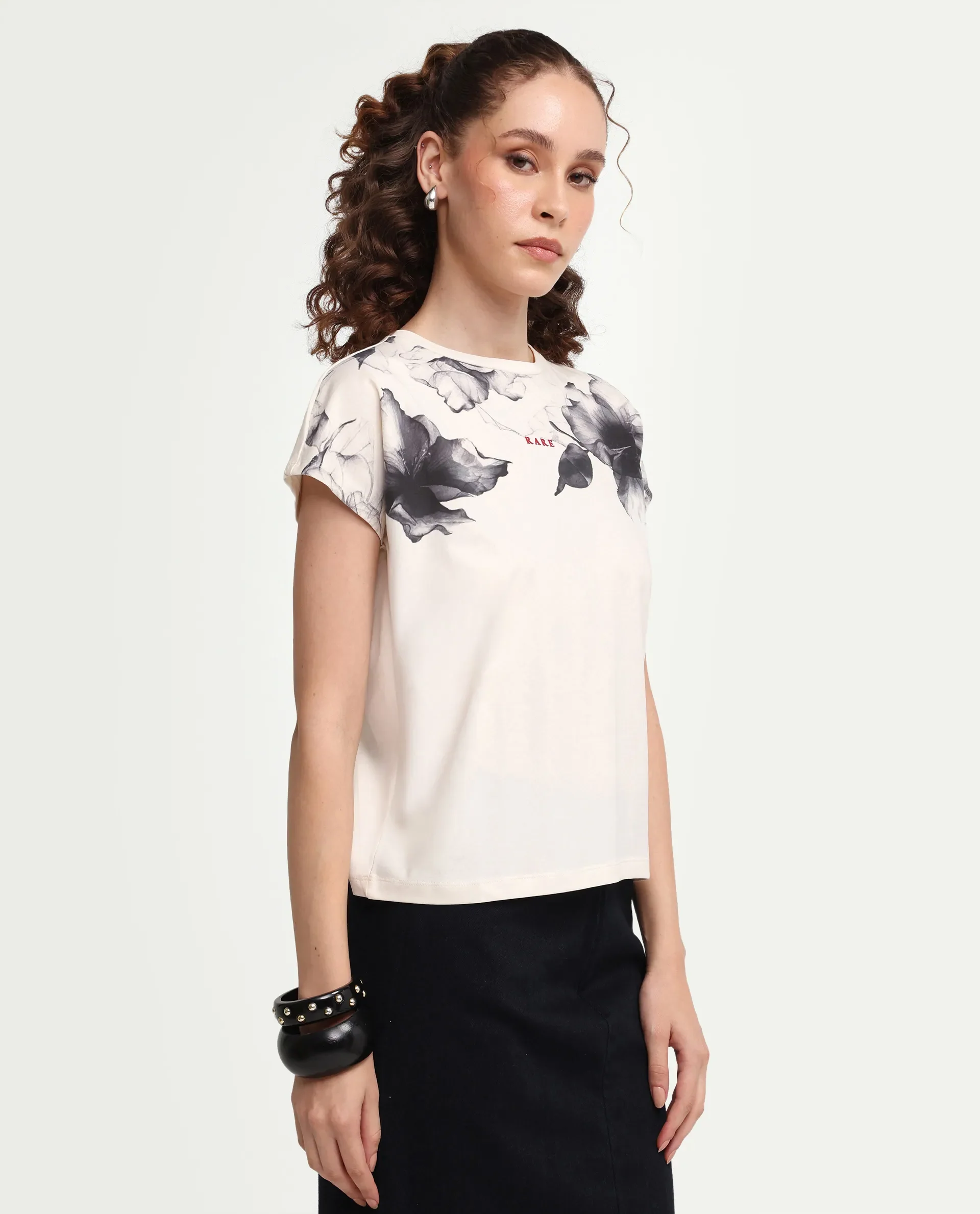 Rareism Women's Zern Off White Cotton Blend Half Sleeve Relaxed Fit Digital Print T-Shirt - Image 6