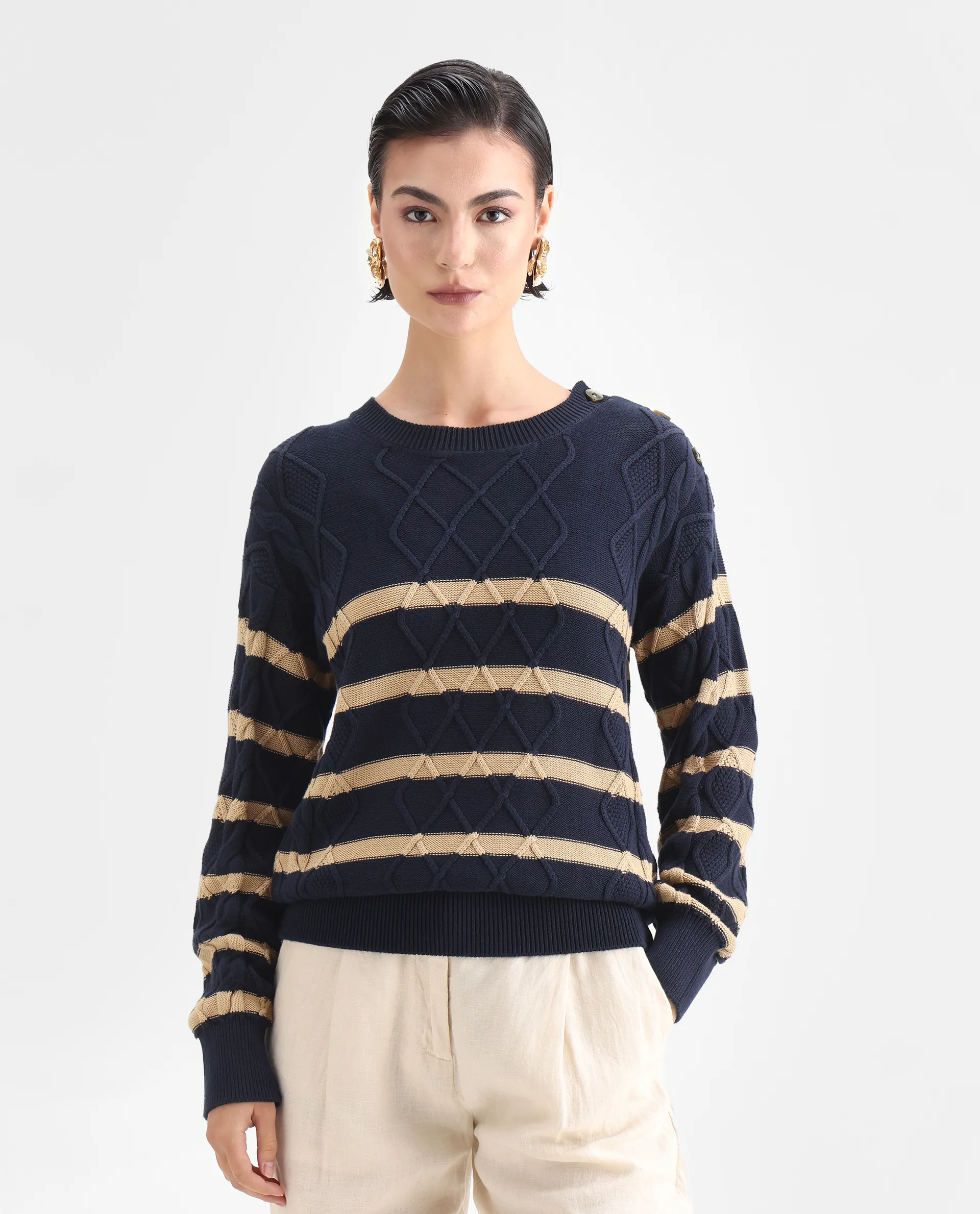 Rareism Women's Zerna Dark Navy Cotton Crew Neck Plain Regular Fit Sweater - Image 3
