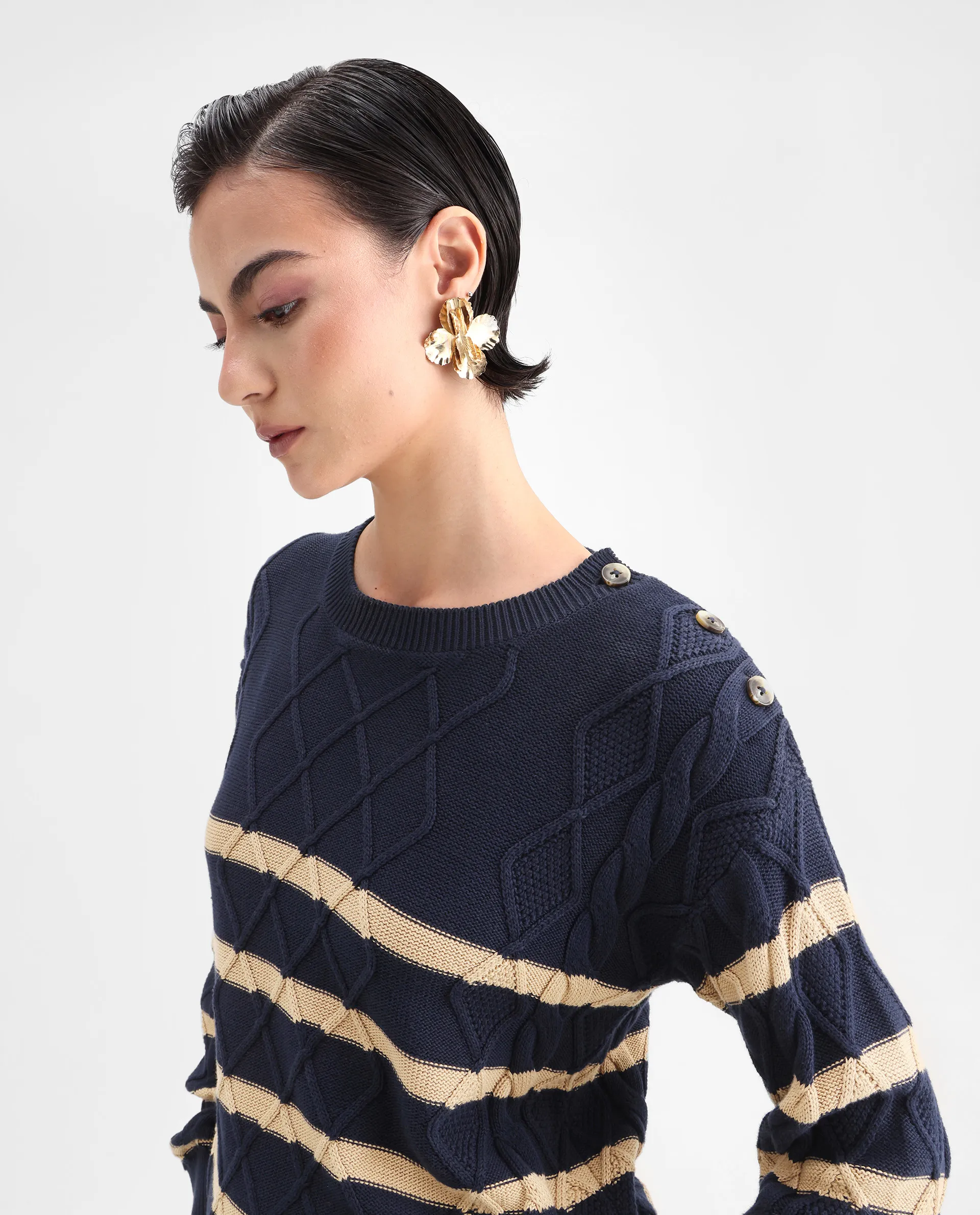 Rareism Women's Zerna Dark Navy Cotton Crew Neck Plain Regular Fit Sweater - Image 4