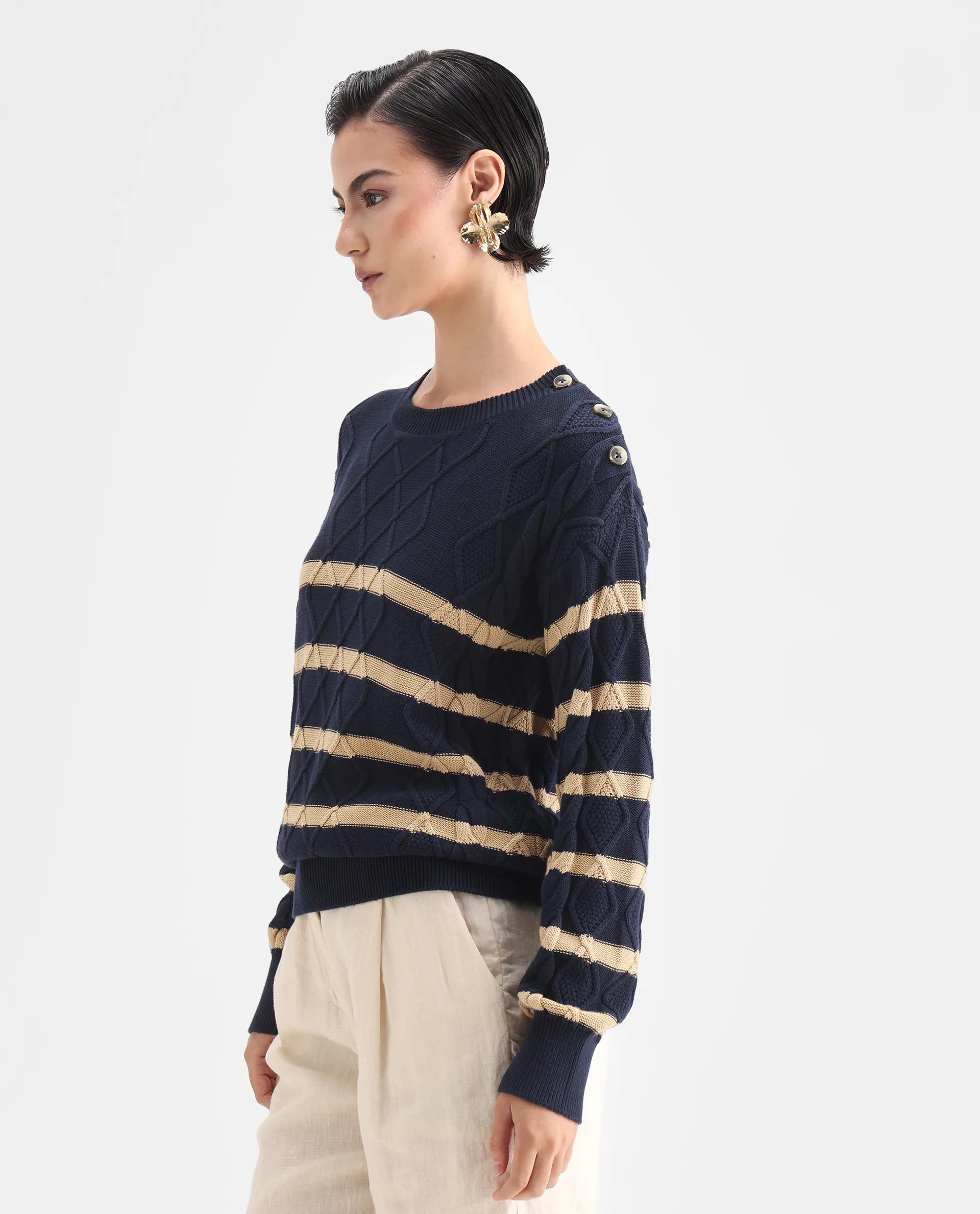 Rareism Women's Zerna Dark Navy Cotton Crew Neck Plain Regular Fit Sweater - Image 5