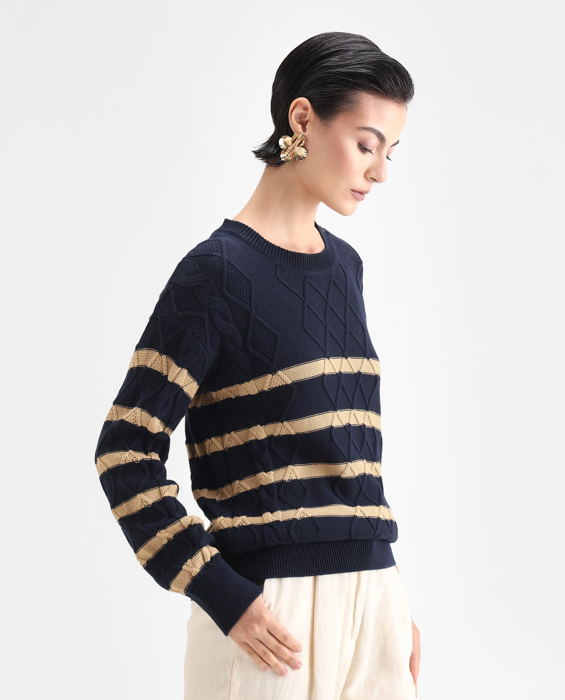 Rareism Women's Zerna Dark Navy Cotton Crew Neck Plain Regular Fit Sweater - Image 6