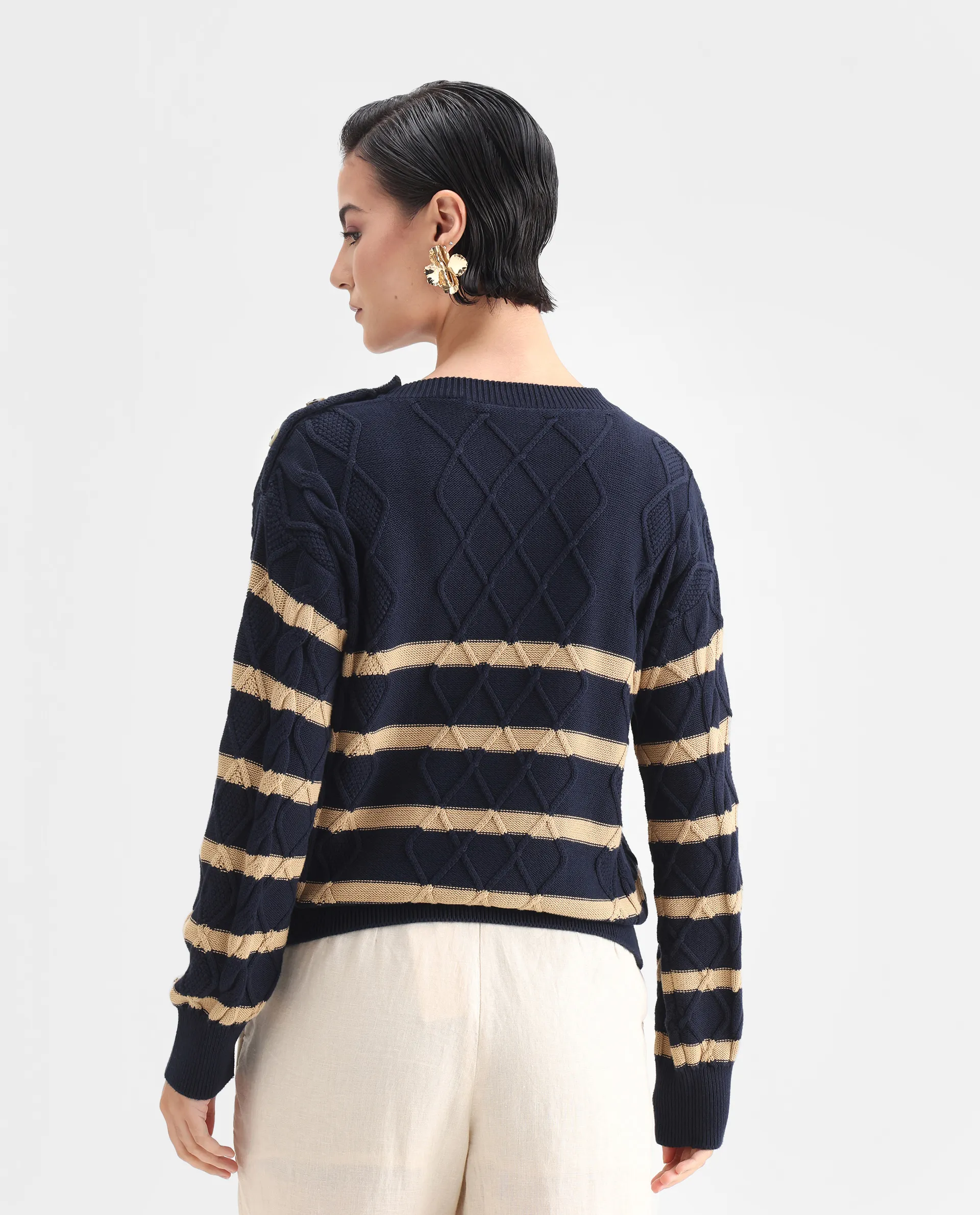 Rareism Women's Zerna Dark Navy Cotton Crew Neck Plain Regular Fit Sweater - Image 7