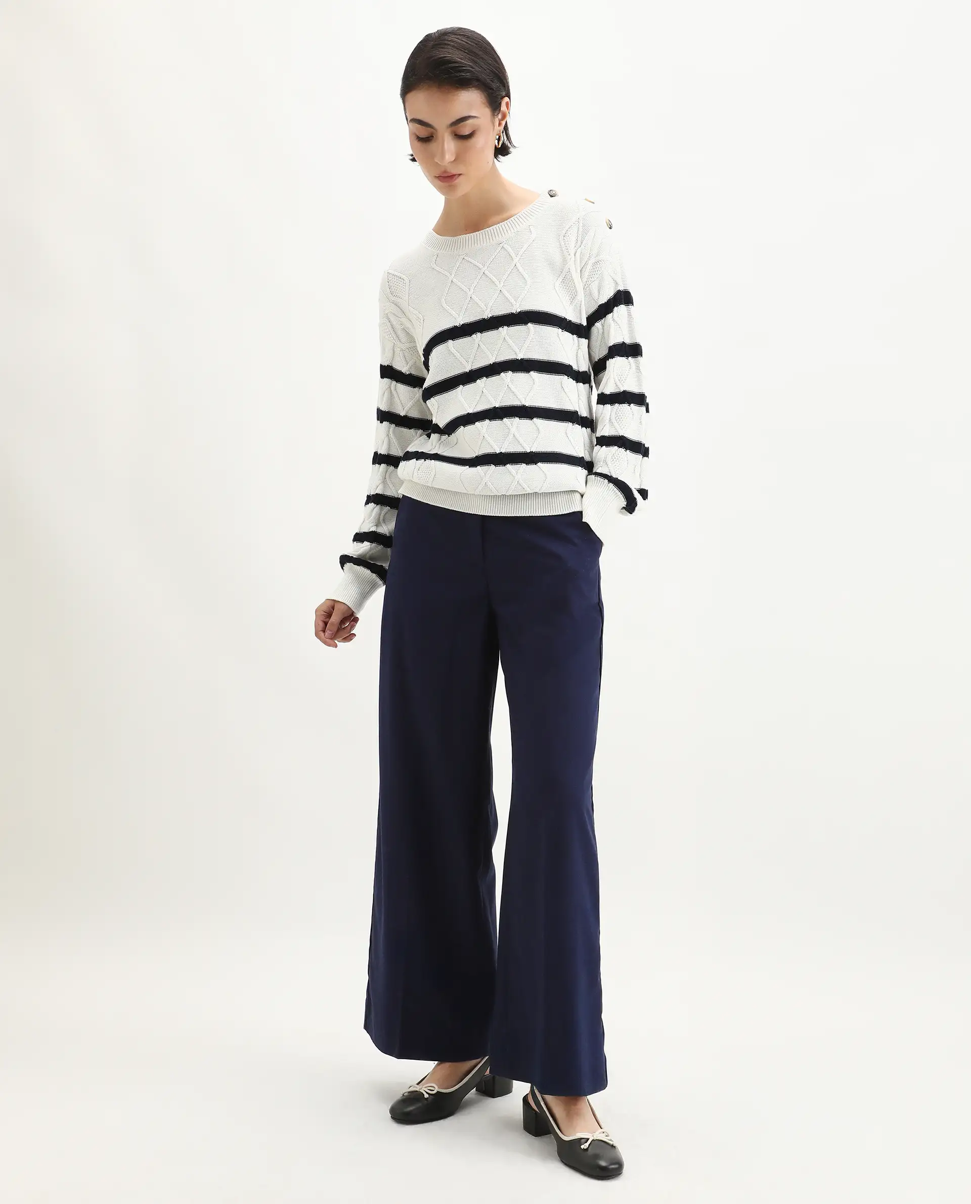 Rareism Women's Zerna White Cotton Crew Neck Regular Fit Sweater - Image 2