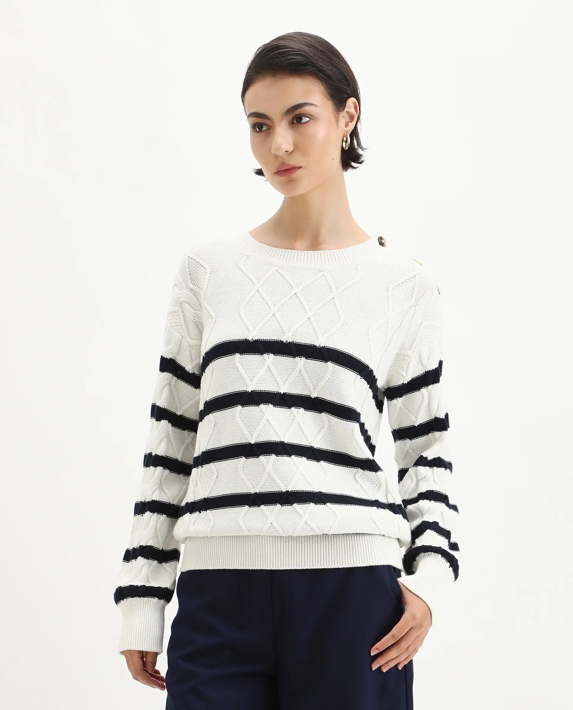 Rareism Women's Zerna White Cotton Crew Neck Regular Fit Sweater - Image 3