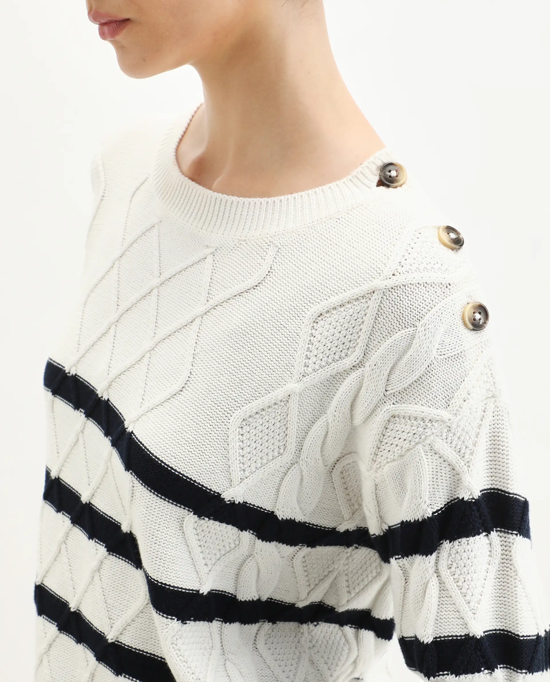 Rareism Women's Zerna White Cotton Crew Neck Regular Fit Sweater - Image 4