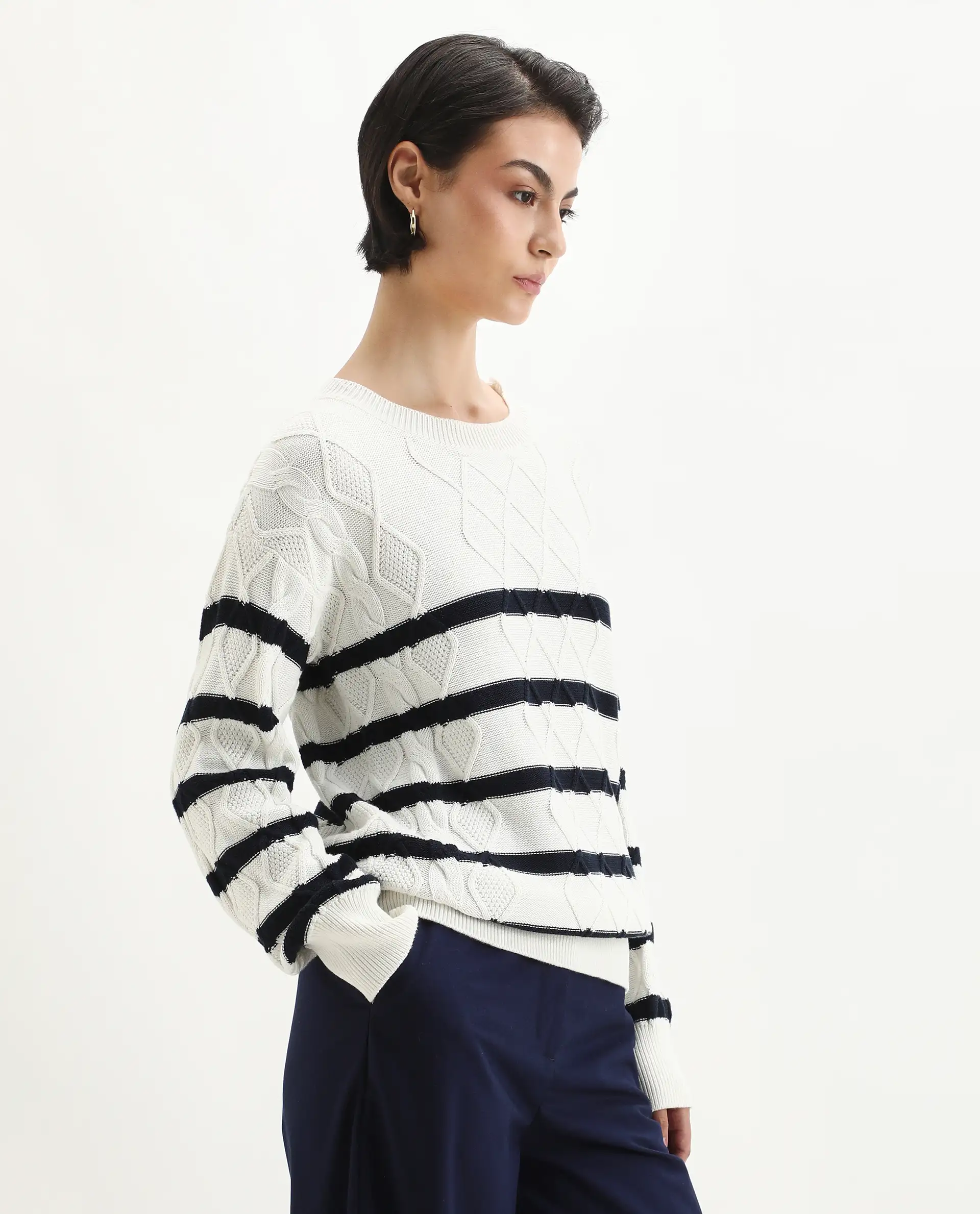 Rareism Women's Zerna White Cotton Crew Neck Regular Fit Sweater - Image 5