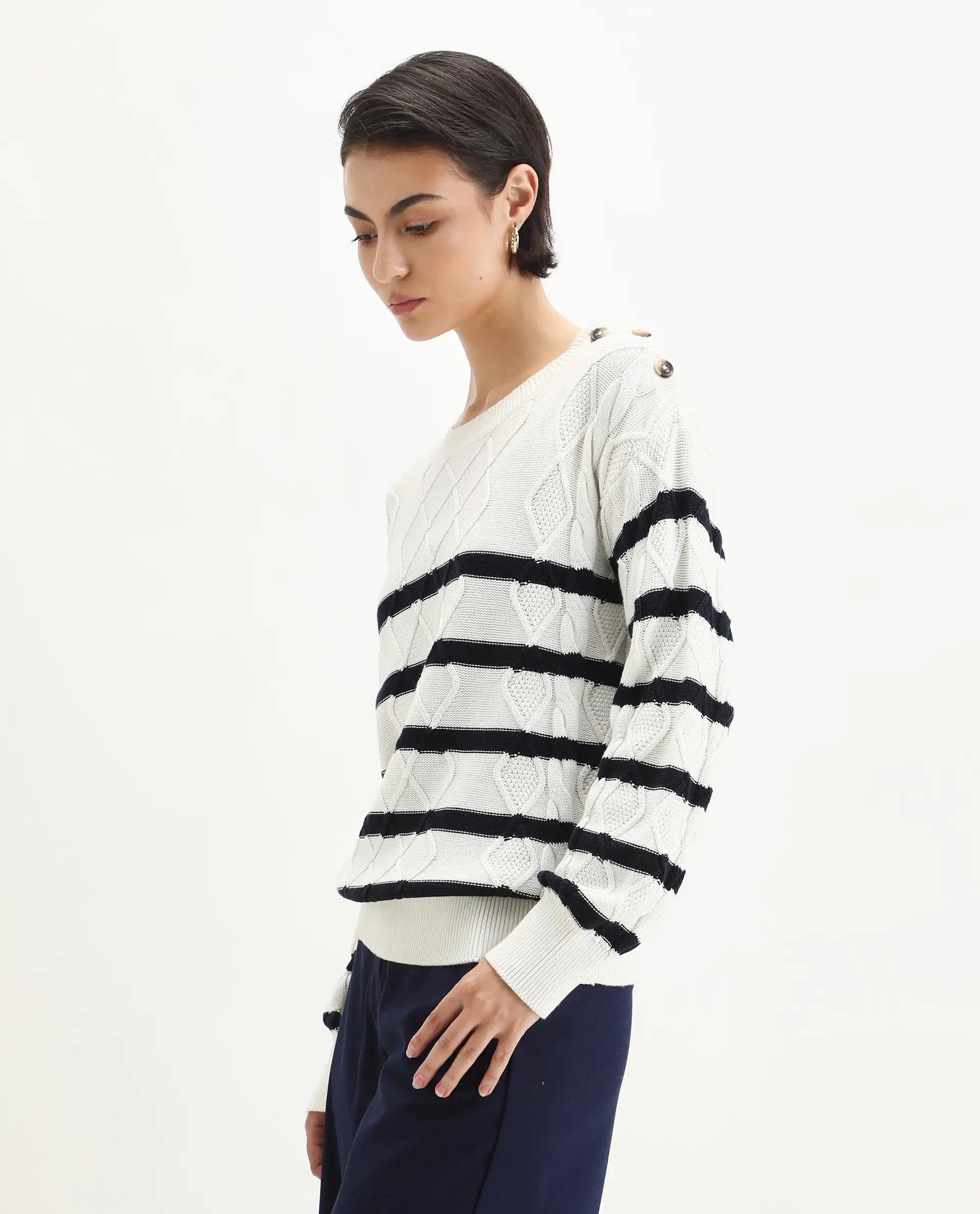 Rareism Women's Zerna White Cotton Crew Neck Regular Fit Sweater - Image 6