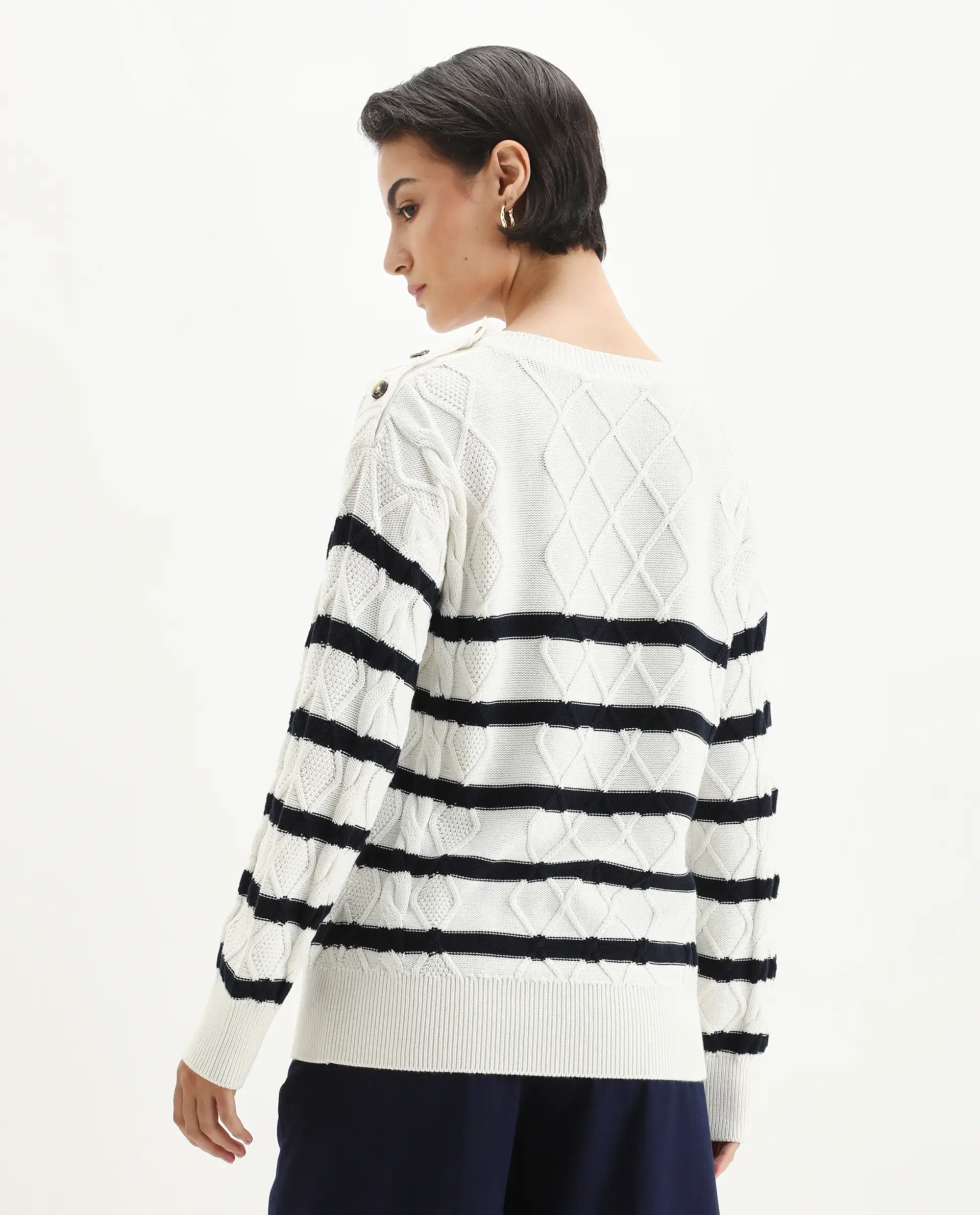 Rareism Women's Zerna White Cotton Crew Neck Regular Fit Sweater - Image 7