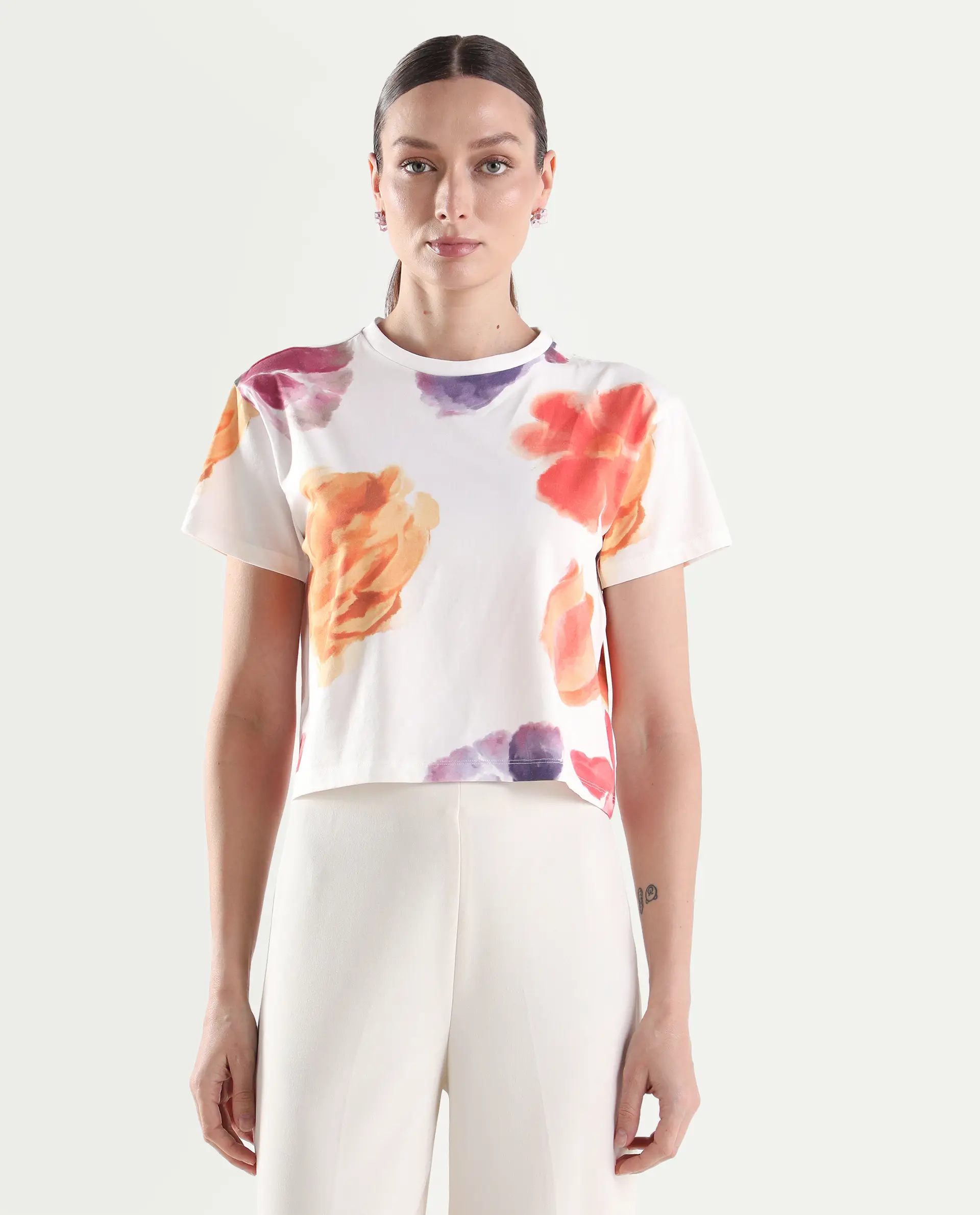 Rareism Women's Zero Multi Cotton Blend Half Sleeve Relaxed Fit Floral Print T-Shirt - Image 3