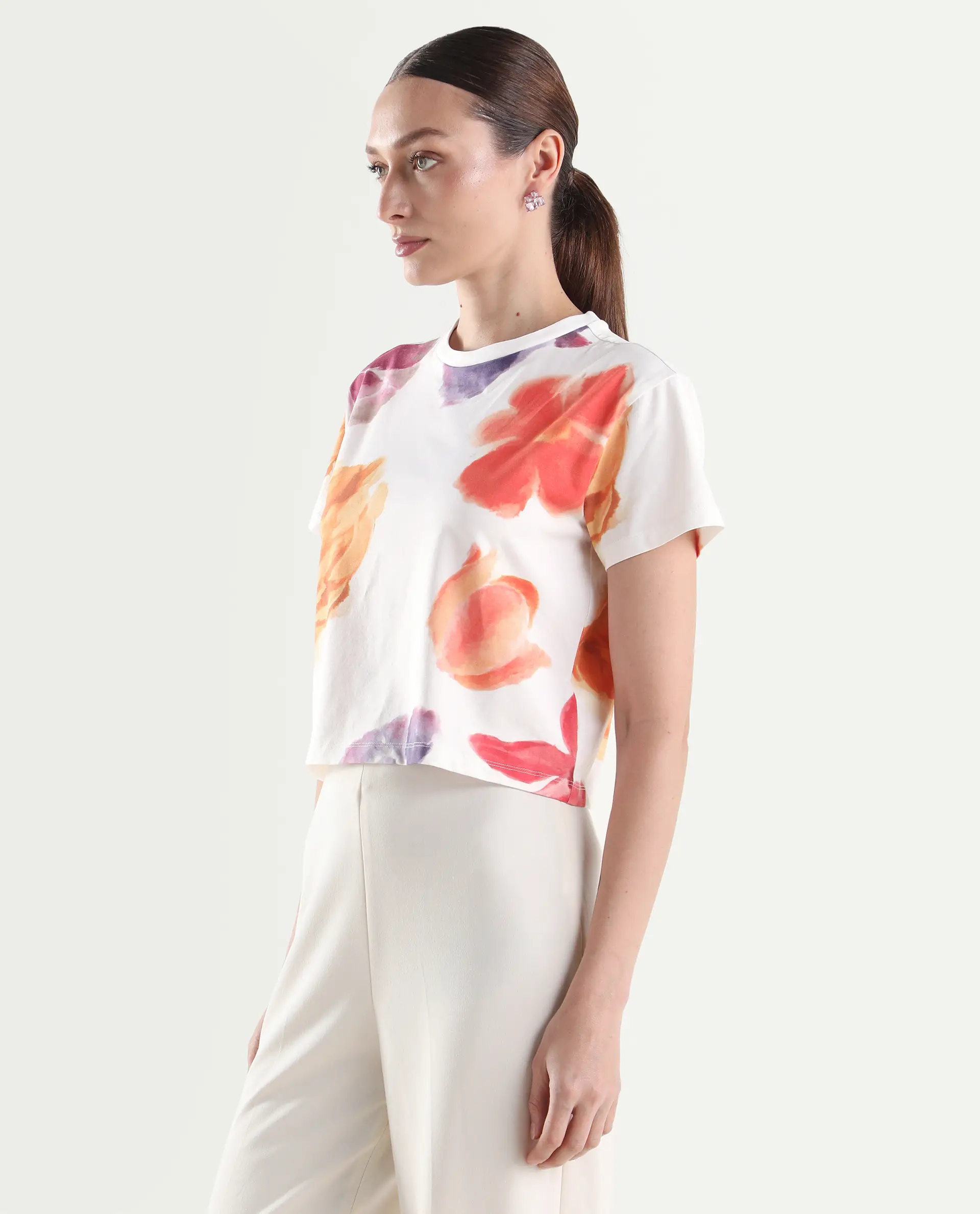 Rareism Women's Zero Multi Cotton Blend Half Sleeve Relaxed Fit Floral Print T-Shirt - Image 5