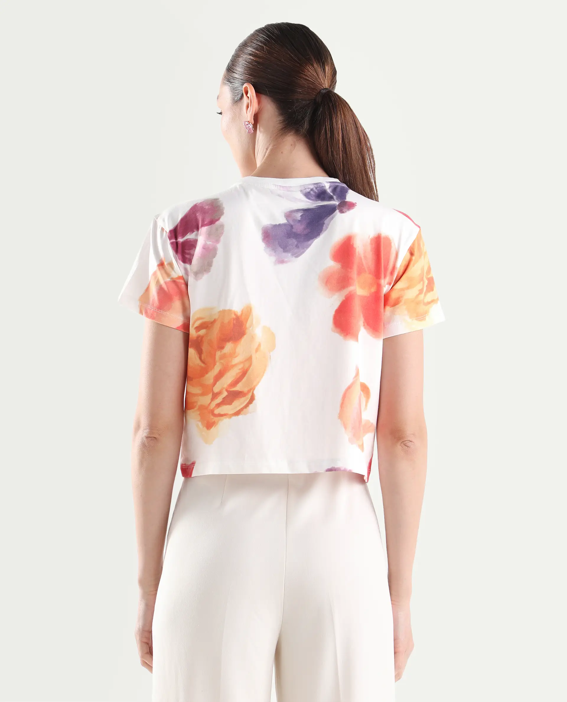 Rareism Women's Zero Multi Cotton Blend Half Sleeve Relaxed Fit Floral Print T-Shirt - Image 7