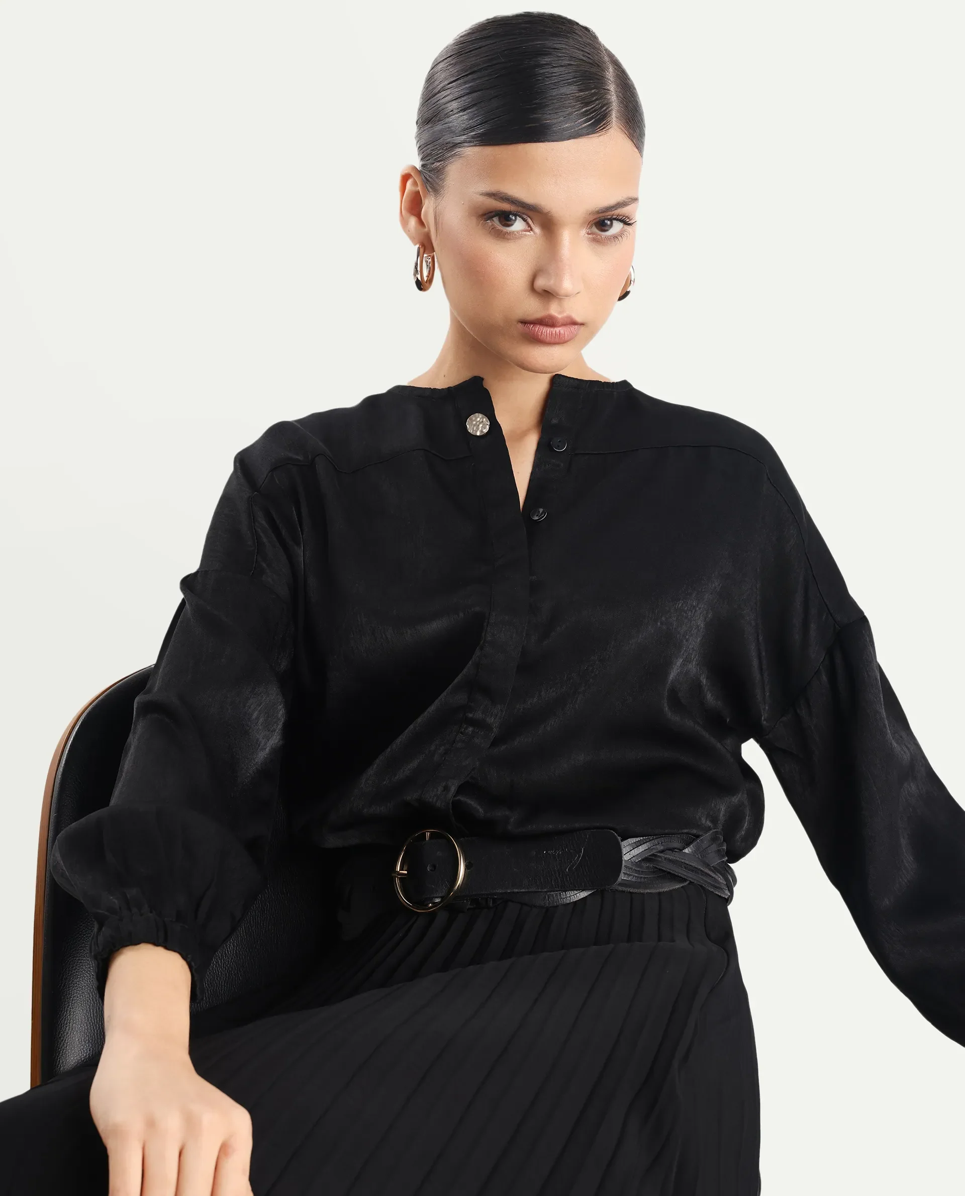 Rareism Women's Zerra Black Satin Crew Neck Plain Bishop Sleeve Relaxed Fit Top