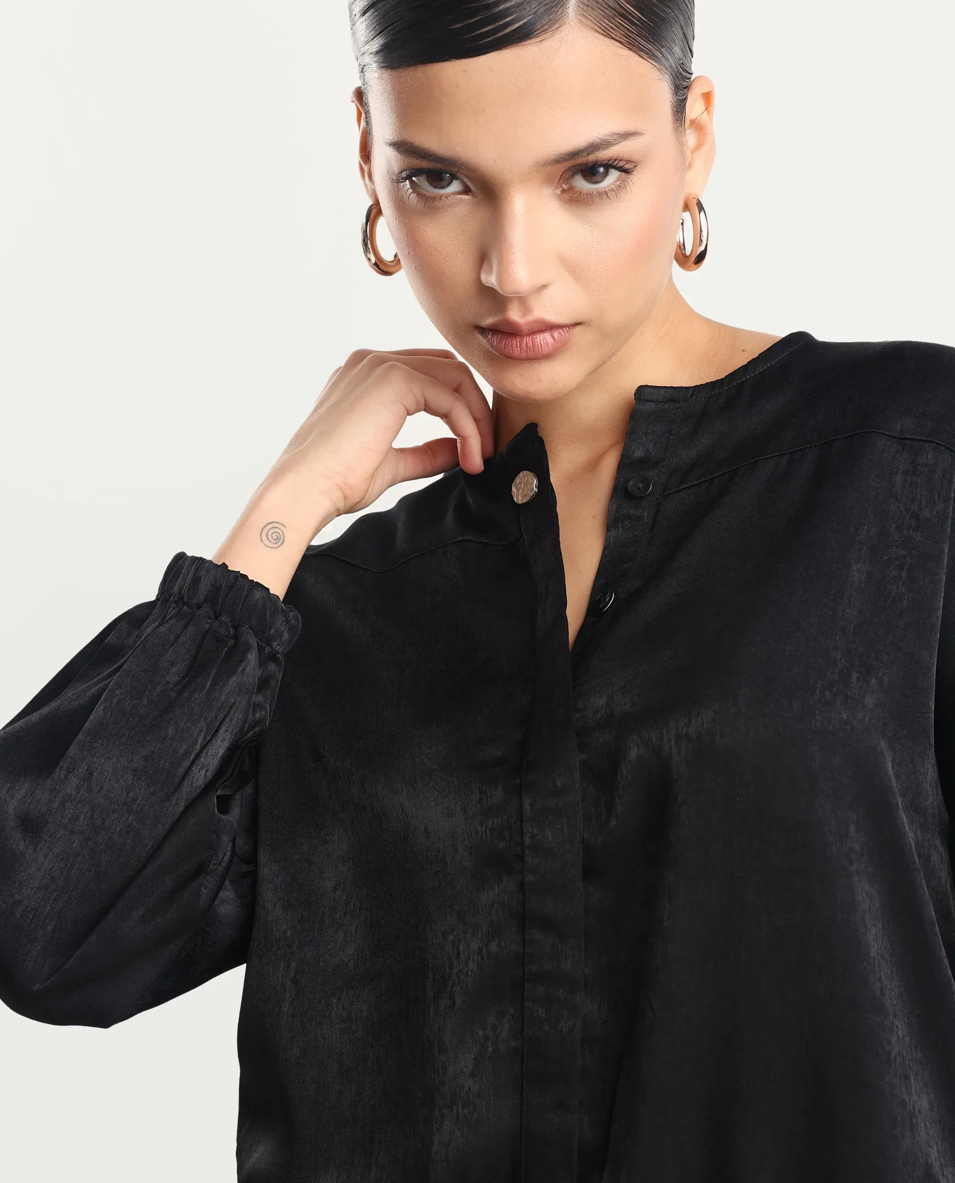 Rareism Women's Zerra Black Satin Crew Neck Plain Bishop Sleeve Relaxed Fit Top - Image 3