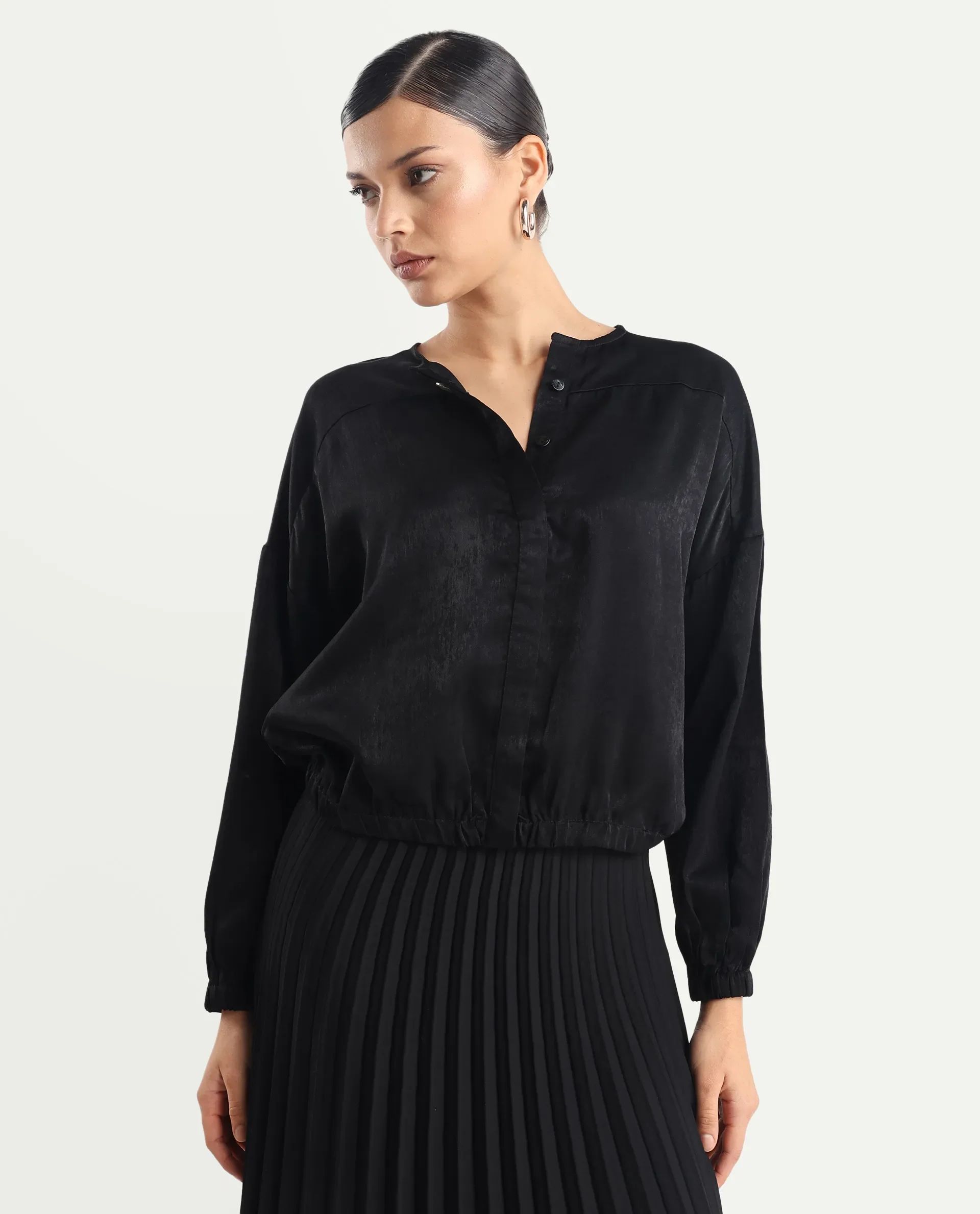 Rareism Women's Zerra Black Satin Crew Neck Plain Bishop Sleeve Relaxed Fit Top - Image 4