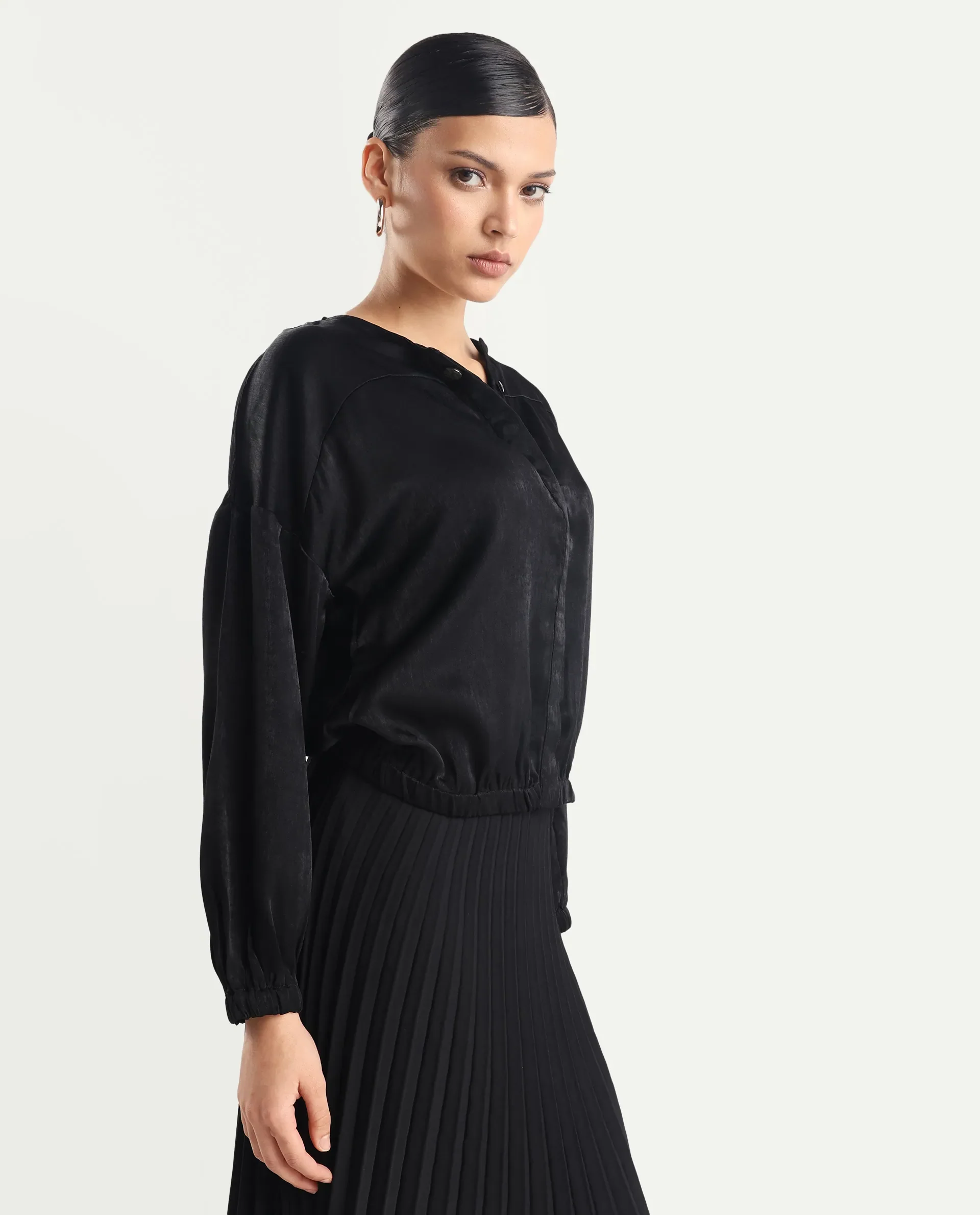 Rareism Women's Zerra Black Satin Crew Neck Plain Bishop Sleeve Relaxed Fit Top - Image 5