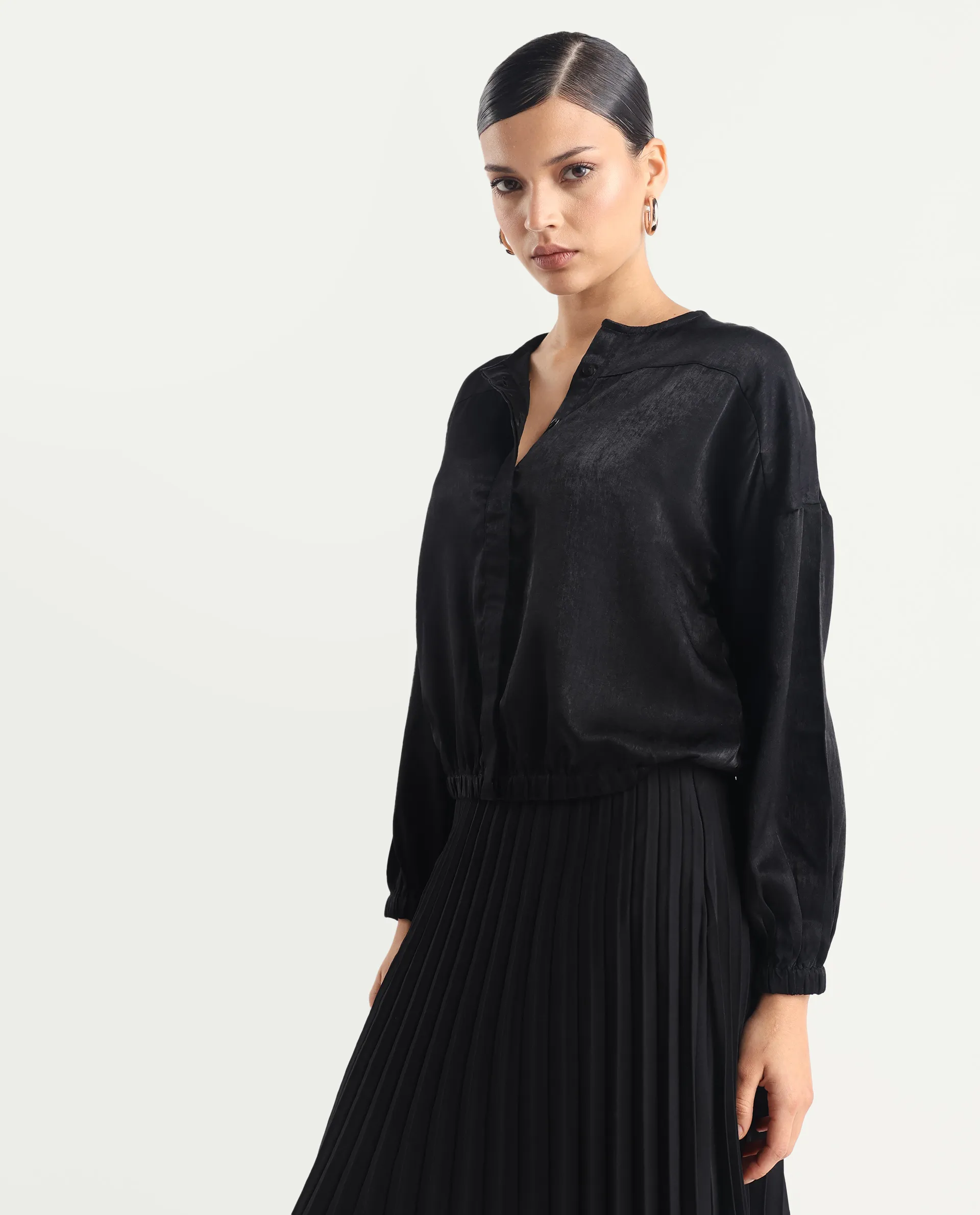 Rareism Women's Zerra Black Satin Crew Neck Plain Bishop Sleeve Relaxed Fit Top - Image 6