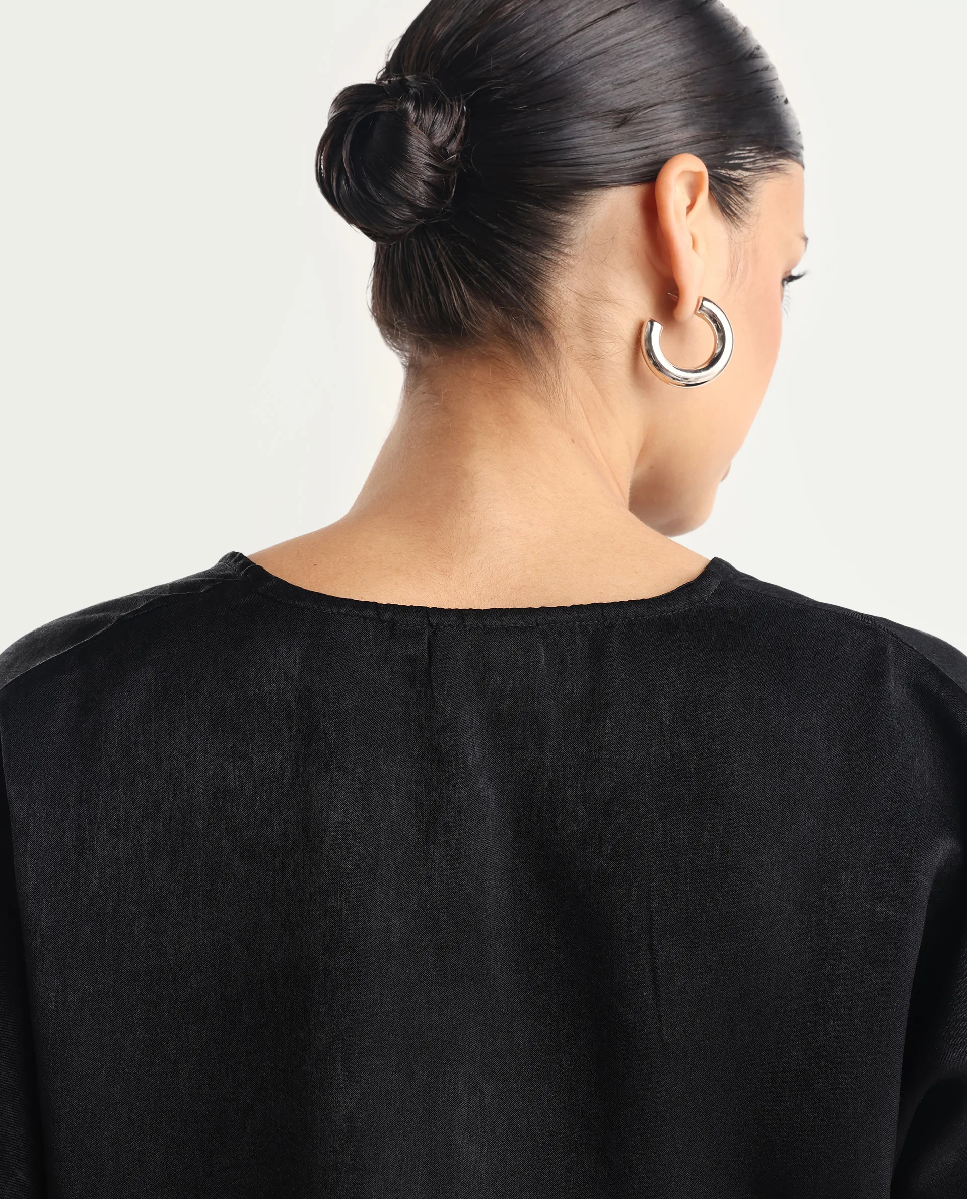 Rareism Women's Zerra Black Satin Crew Neck Plain Bishop Sleeve Relaxed Fit Top - Image 7