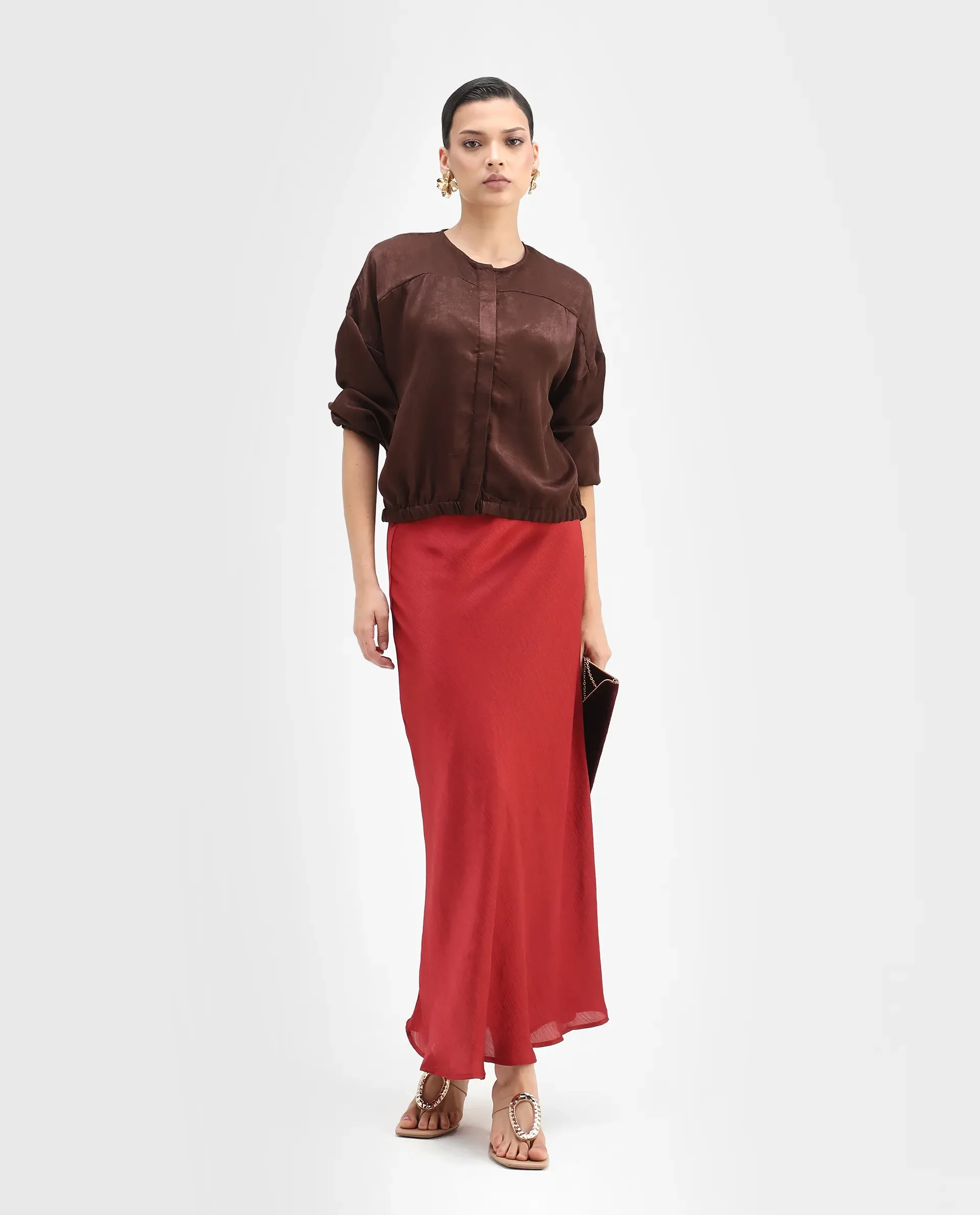 Rareism Women's Zerra Brown Satin Crew Neck Plain Bishop Sleeve Relaxed Fit Top - Image 2
