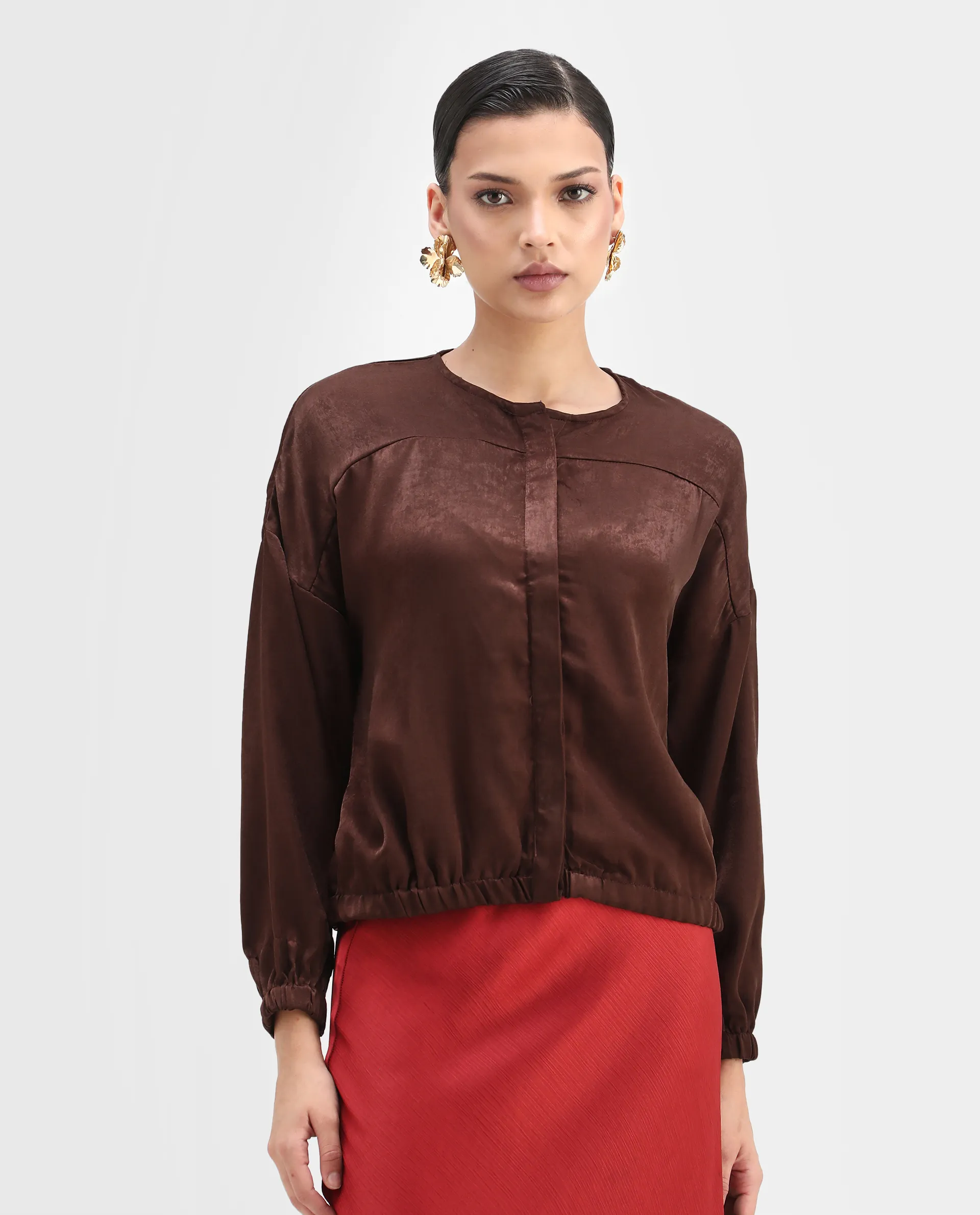 Rareism Women's Zerra Brown Satin Crew Neck Plain Bishop Sleeve Relaxed Fit Top - Image 3