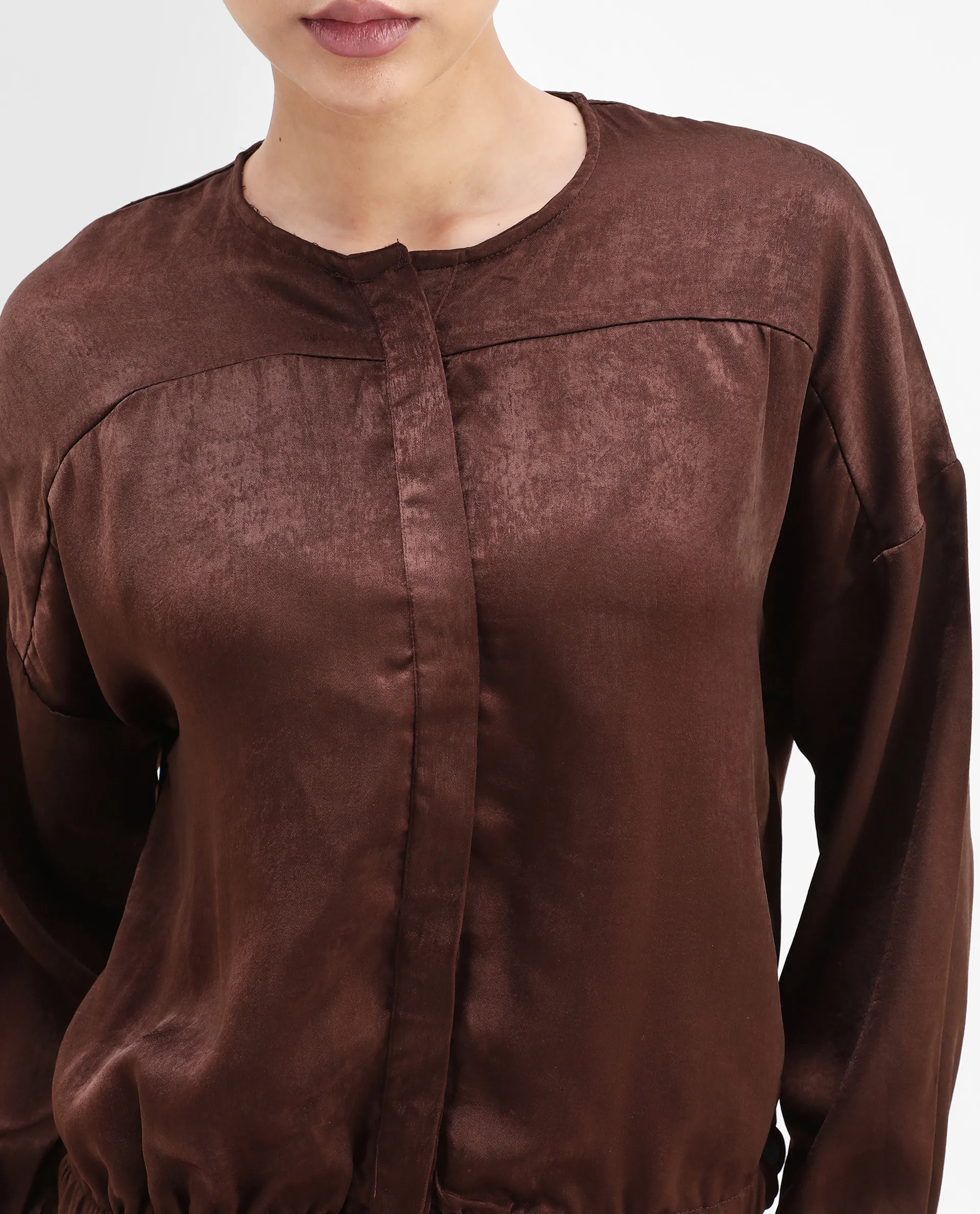 Rareism Women's Zerra Brown Satin Crew Neck Plain Bishop Sleeve Relaxed Fit Top - Image 4