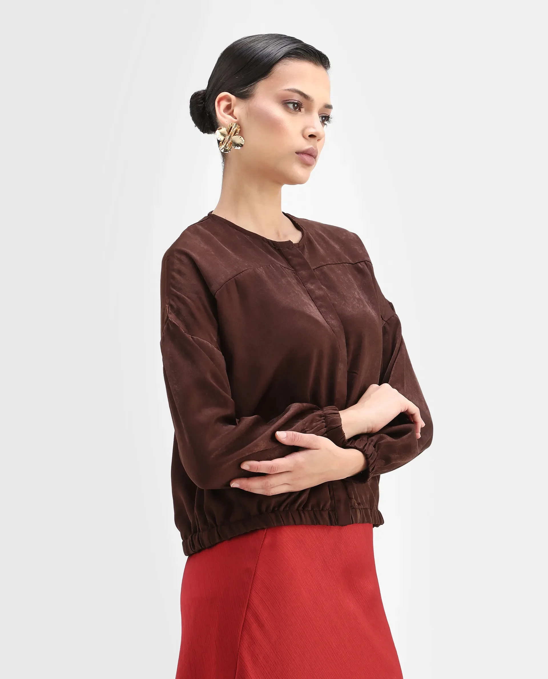 Rareism Women's Zerra Brown Satin Crew Neck Plain Bishop Sleeve Relaxed Fit Top - Image 5