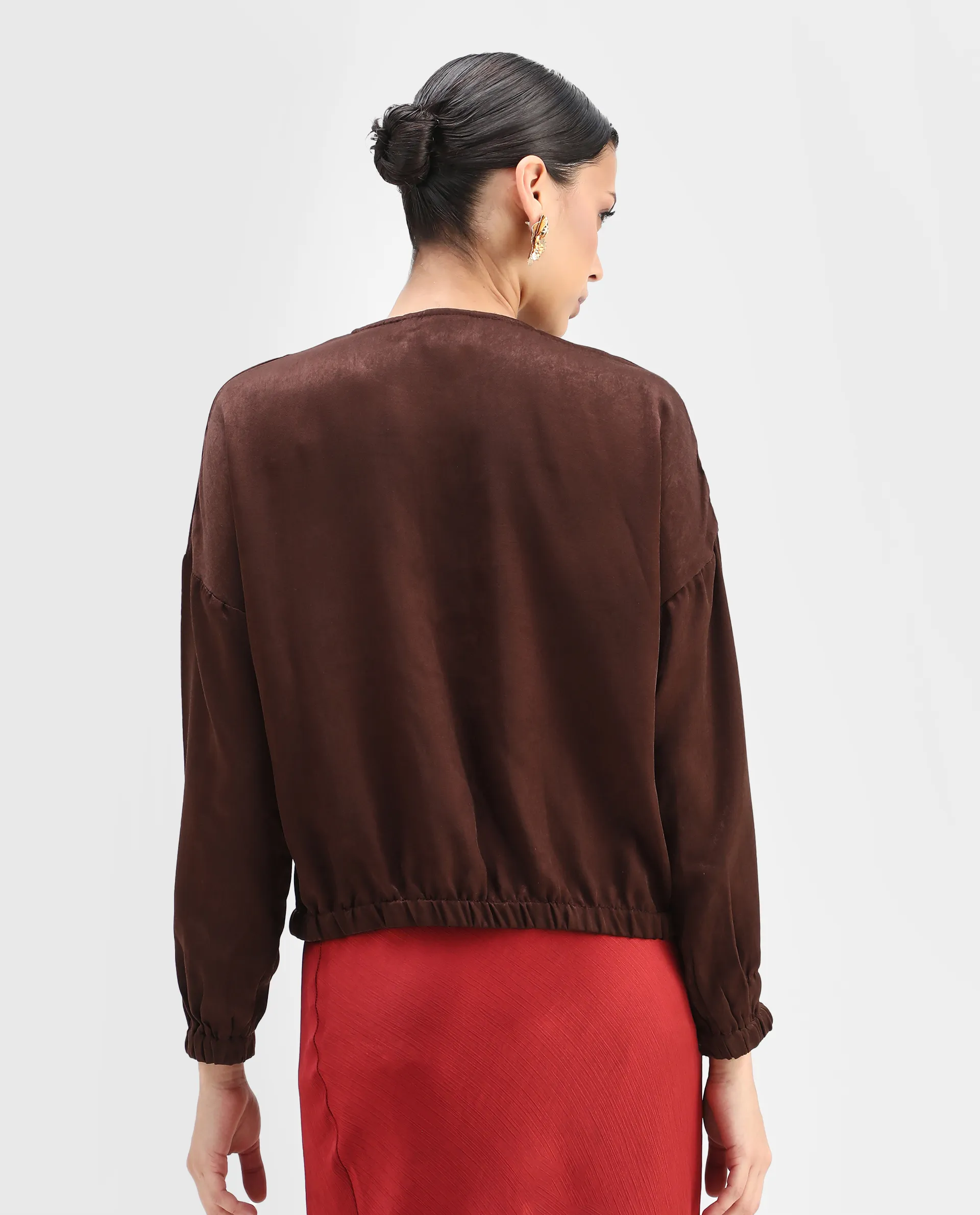 Rareism Women's Zerra Brown Satin Crew Neck Plain Bishop Sleeve Relaxed Fit Top - Image 6