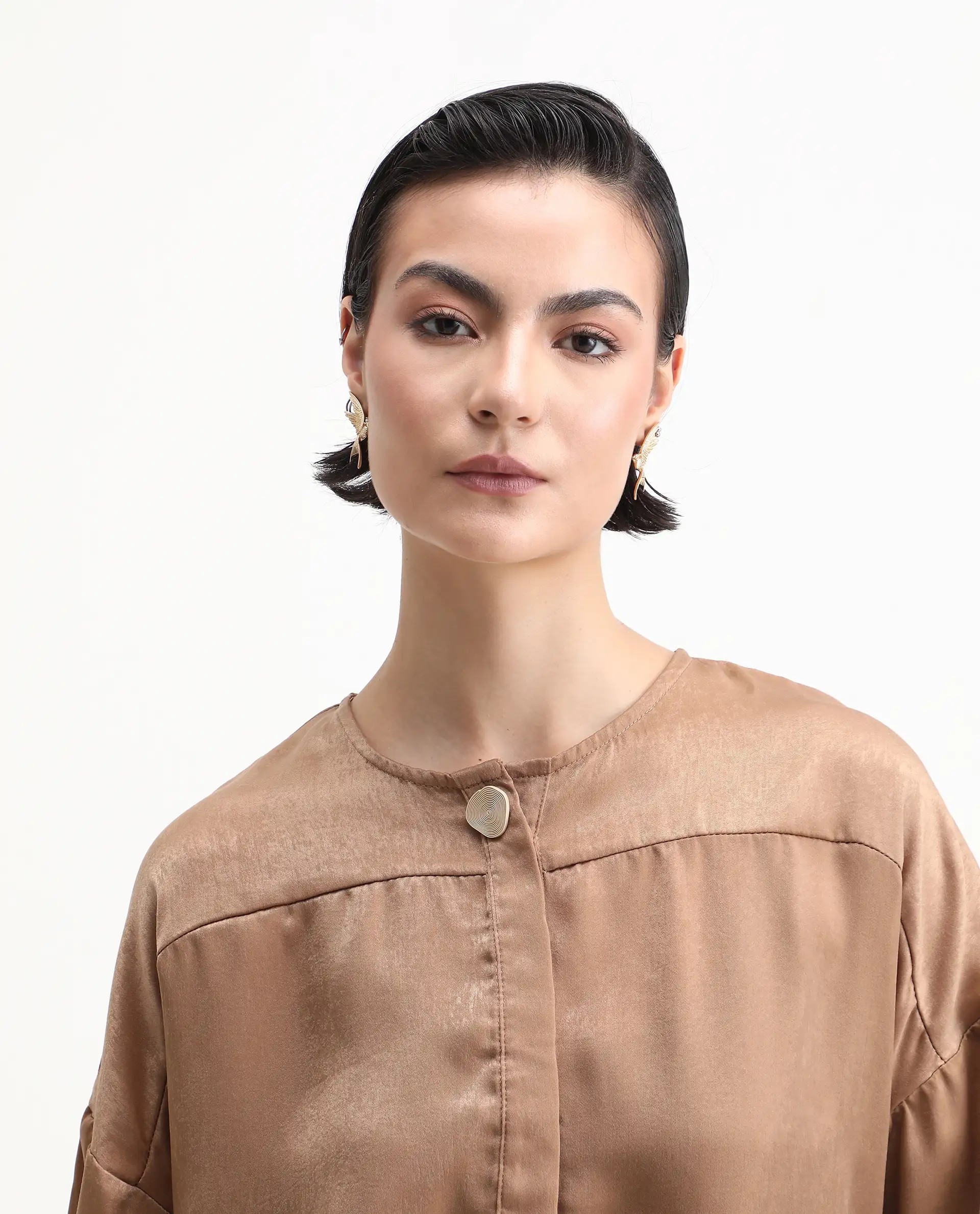 Rareism Women's Zerra Yellow Satin Crew Neck Plain Bishop Sleeve Relaxed Fit Top - Image 3