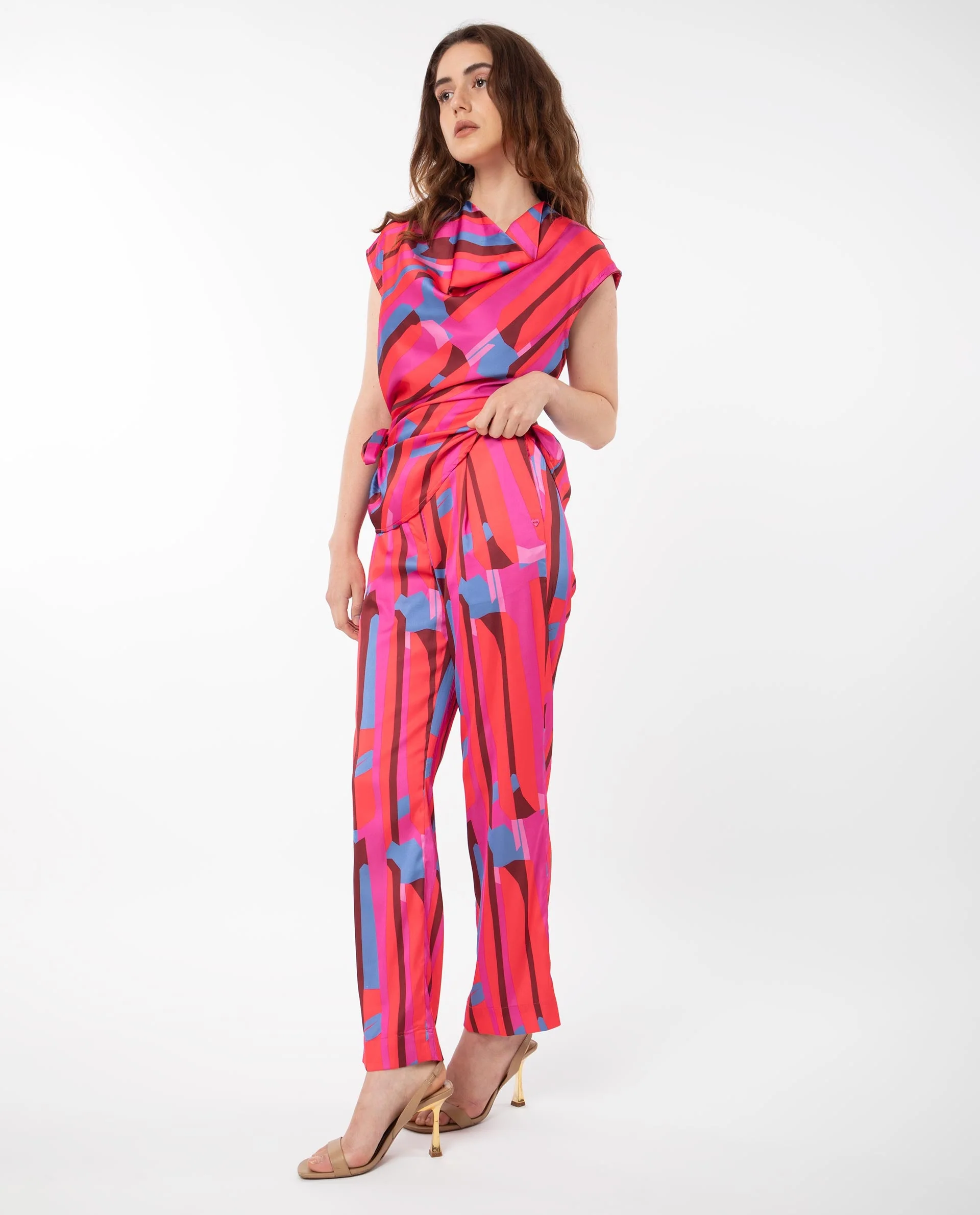 Rareism Women's Zersa Pink Polyester Abstract Print Ankle Length Relaxed Fit Trouser