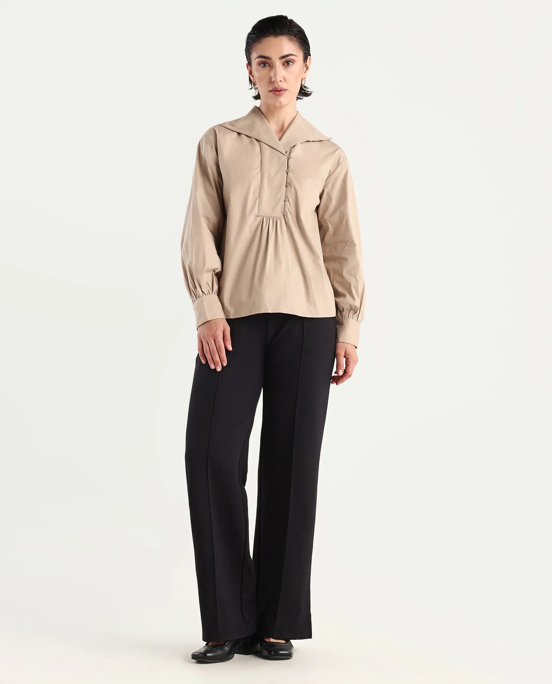 Rareism Women's Zes Beige Cotton Blend Drop Collar Plain Bishop Sleeve Relaxed Fit Top - Image 2