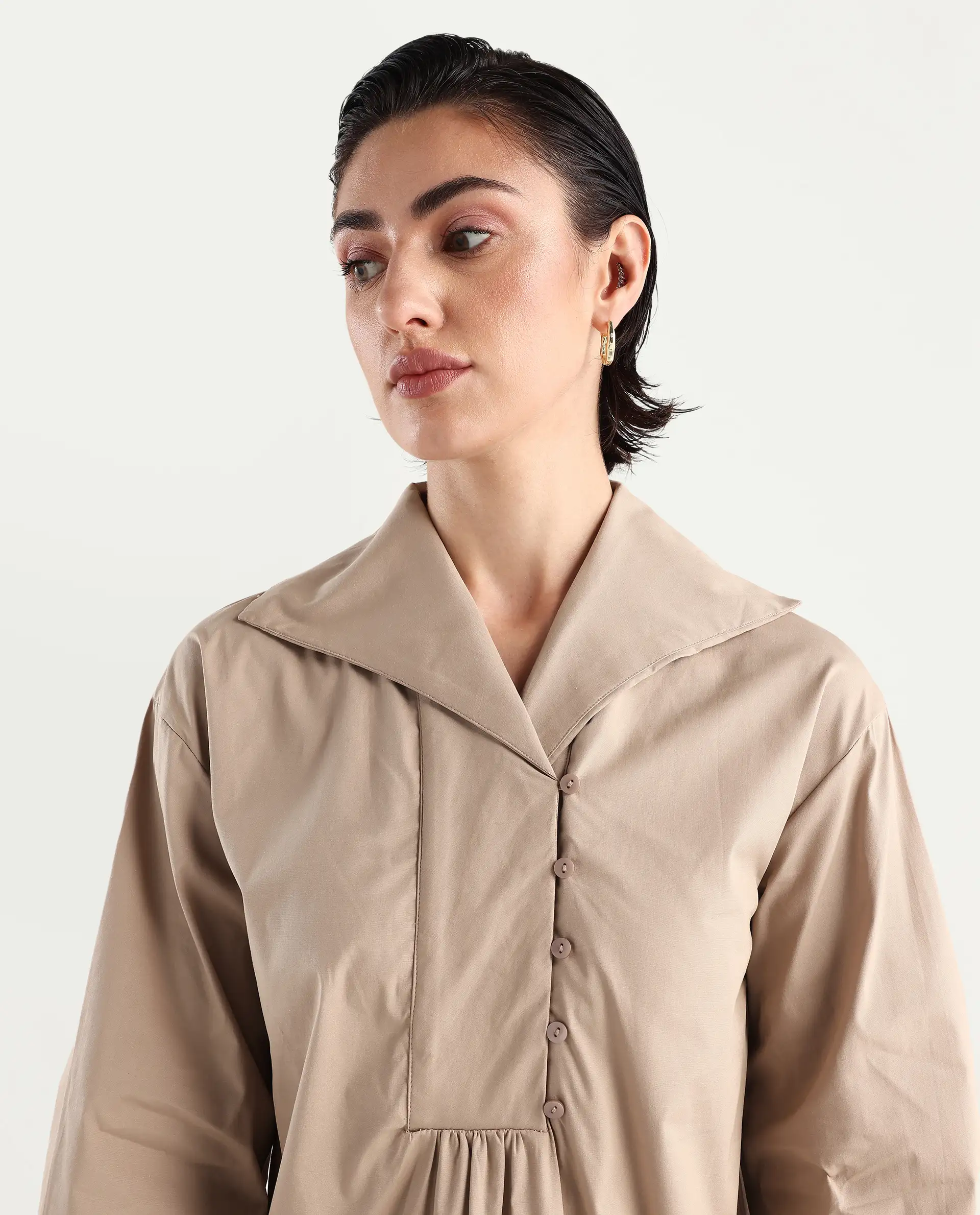 Rareism Women's Zes Beige Cotton Blend Drop Collar Plain Bishop Sleeve Relaxed Fit Top - Image 3