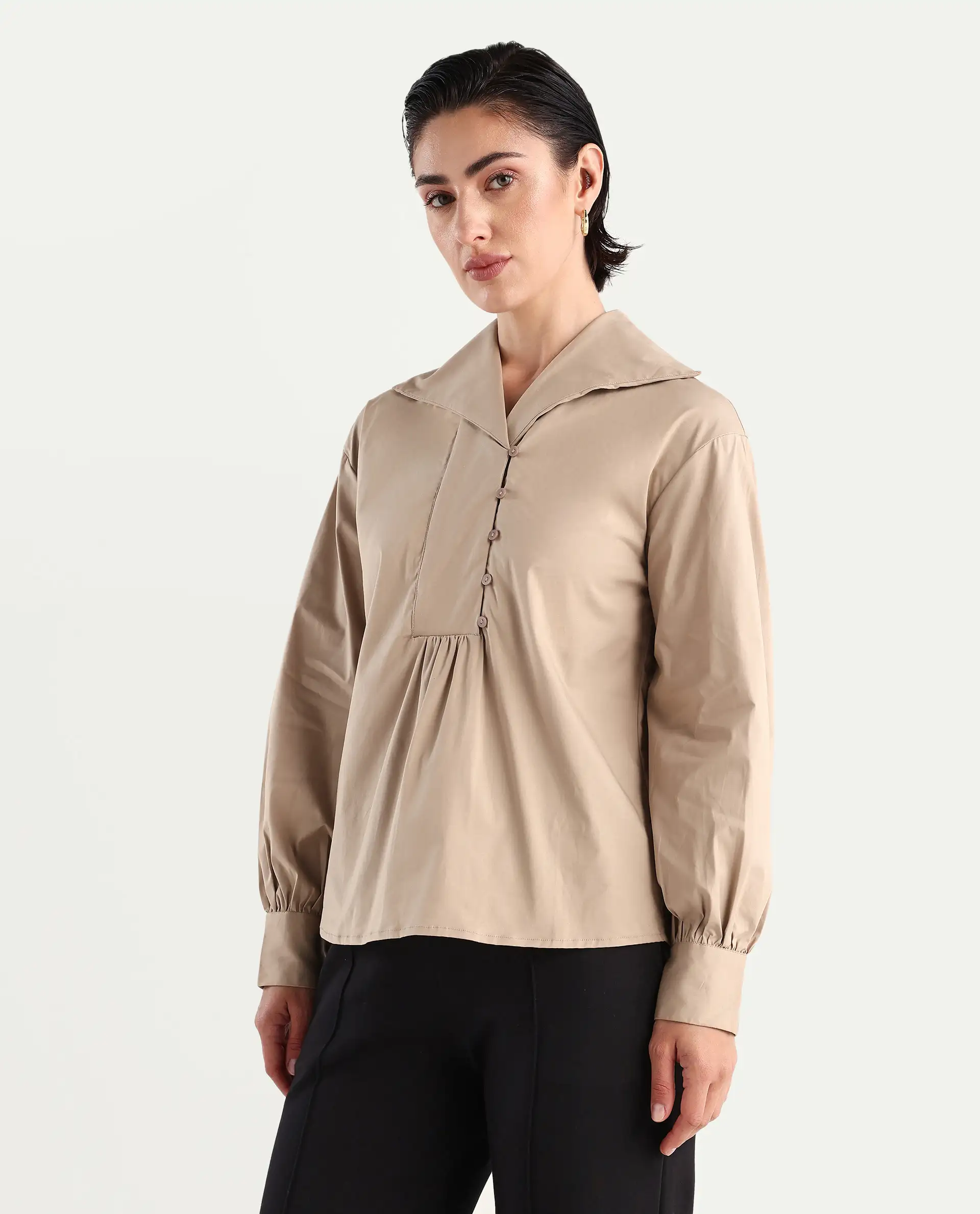 Rareism Women's Zes Beige Cotton Blend Drop Collar Plain Bishop Sleeve Relaxed Fit Top - Image 4