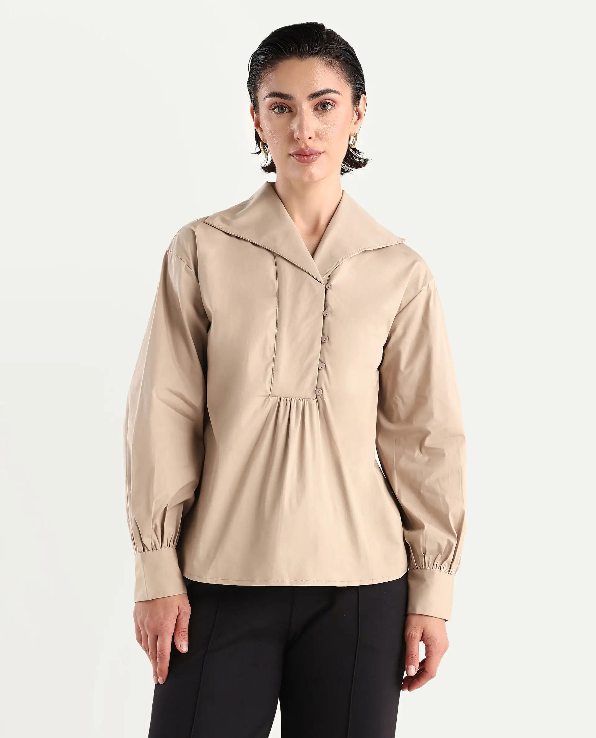 Rareism Women's Zes Beige Cotton Blend Drop Collar Plain Bishop Sleeve Relaxed Fit Top - Image 5