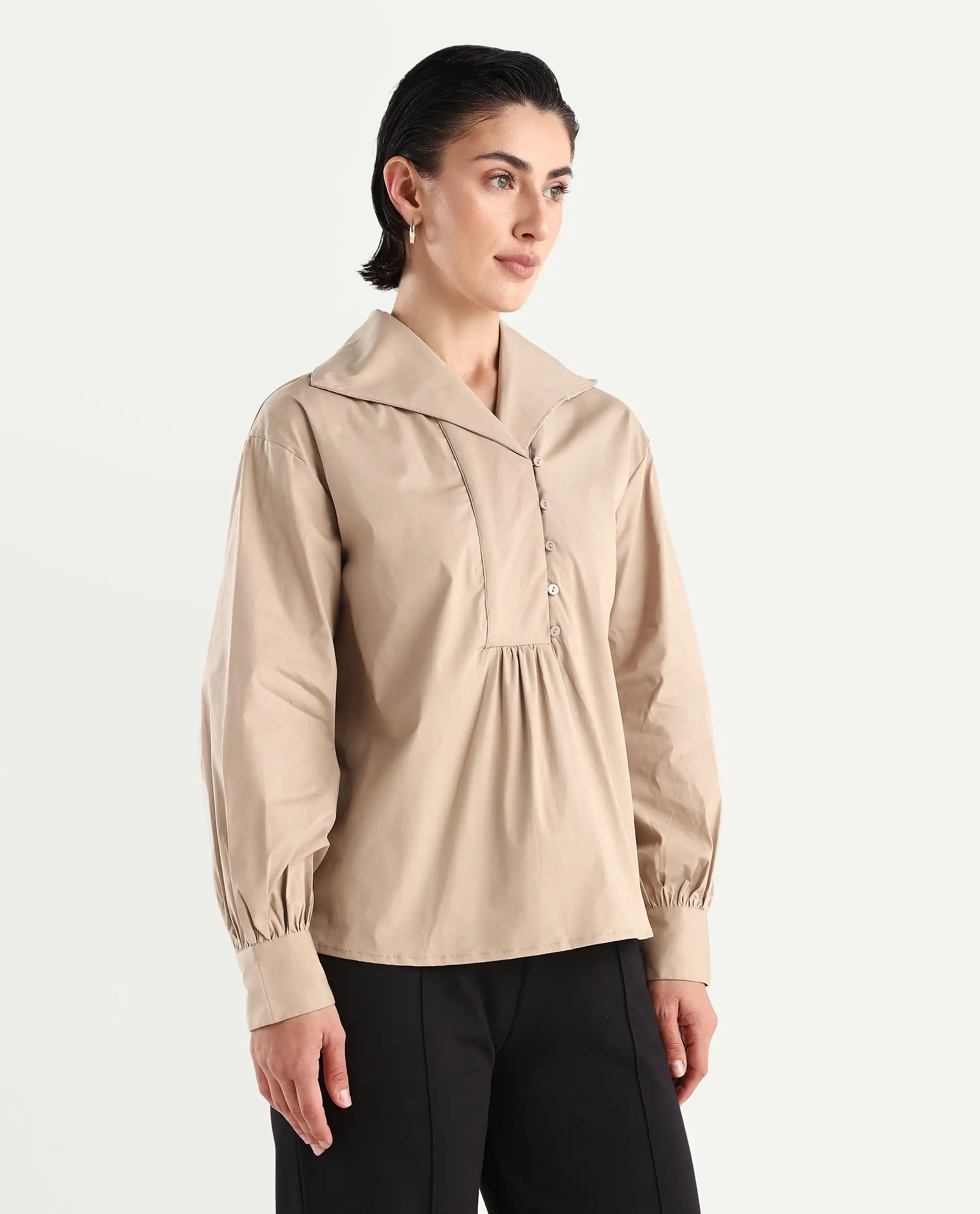 Rareism Women's Zes Beige Cotton Blend Drop Collar Plain Bishop Sleeve Relaxed Fit Top - Image 6