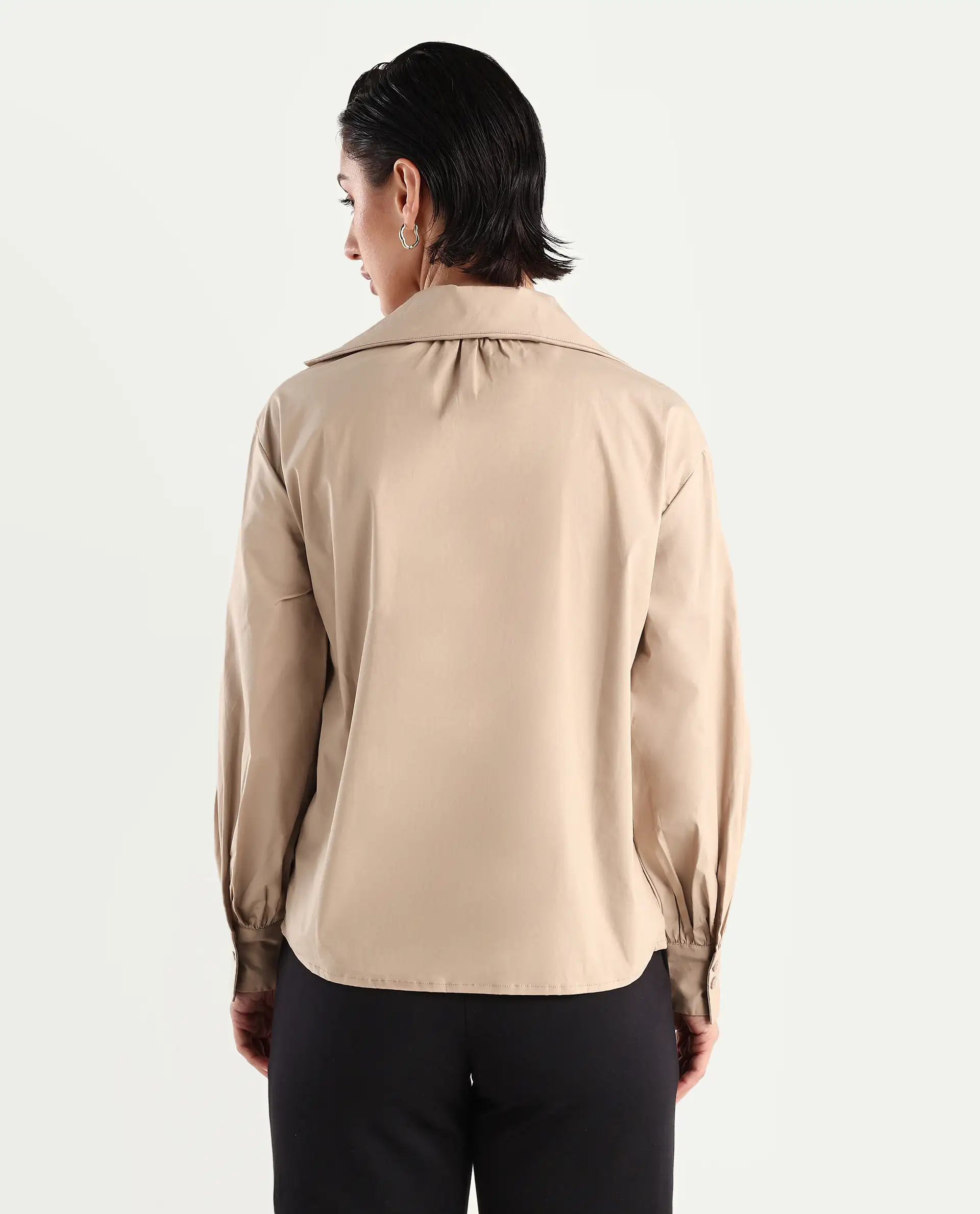 Rareism Women's Zes Beige Cotton Blend Drop Collar Plain Bishop Sleeve Relaxed Fit Top - Image 7