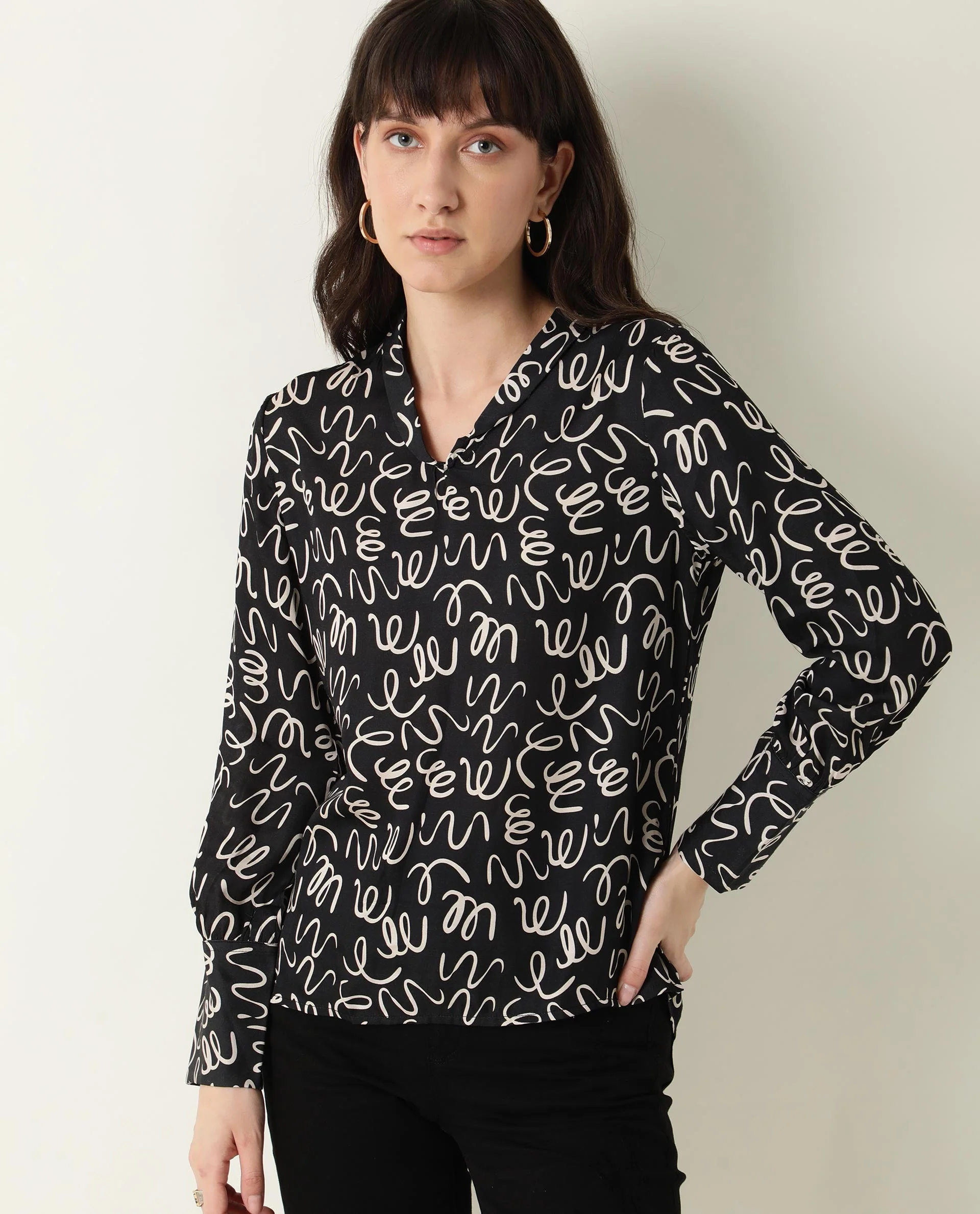 Rareism Womens Zesh Black Top Modal Satin Fabric Regular Fit Full Sleeve High Neck
