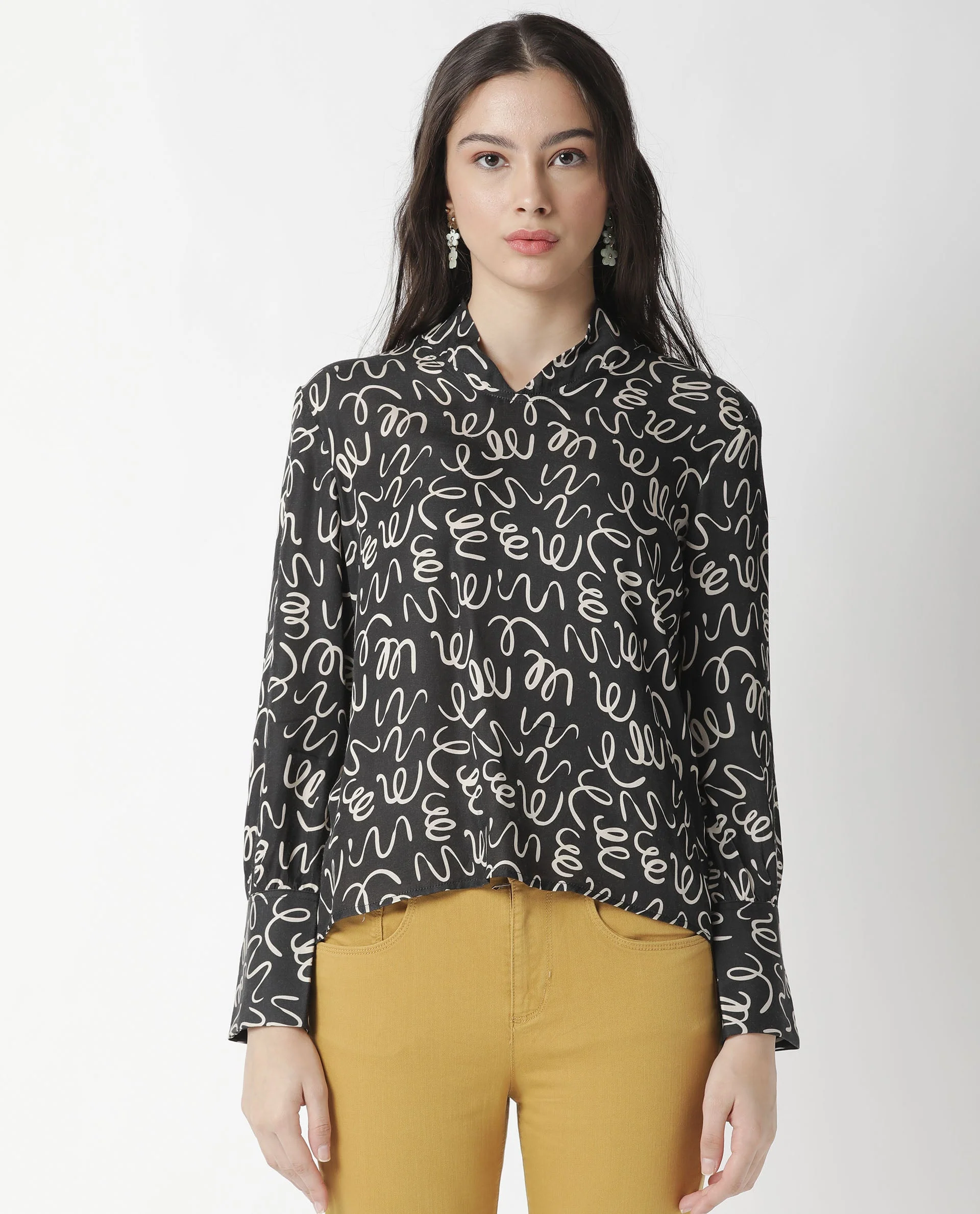 Rareism Womens Zesh Black Top Modal Satin Fabric Regular Fit Full Sleeve High Neck - Image 11