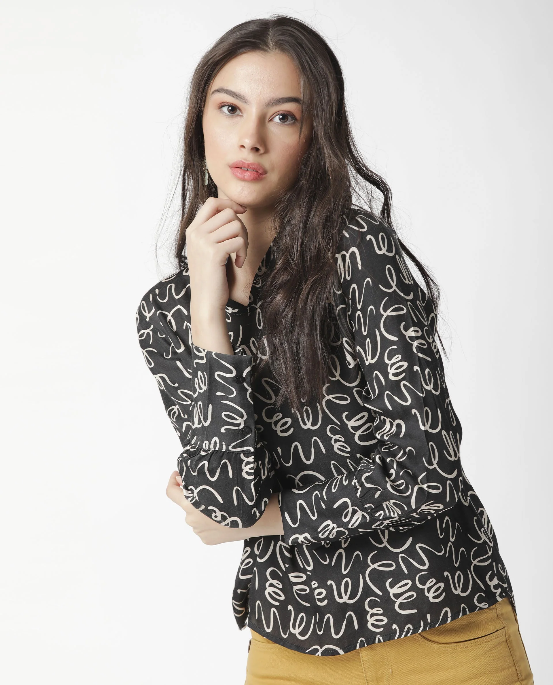 Rareism Womens Zesh Black Top Modal Satin Fabric Regular Fit Full Sleeve High Neck - Image 13