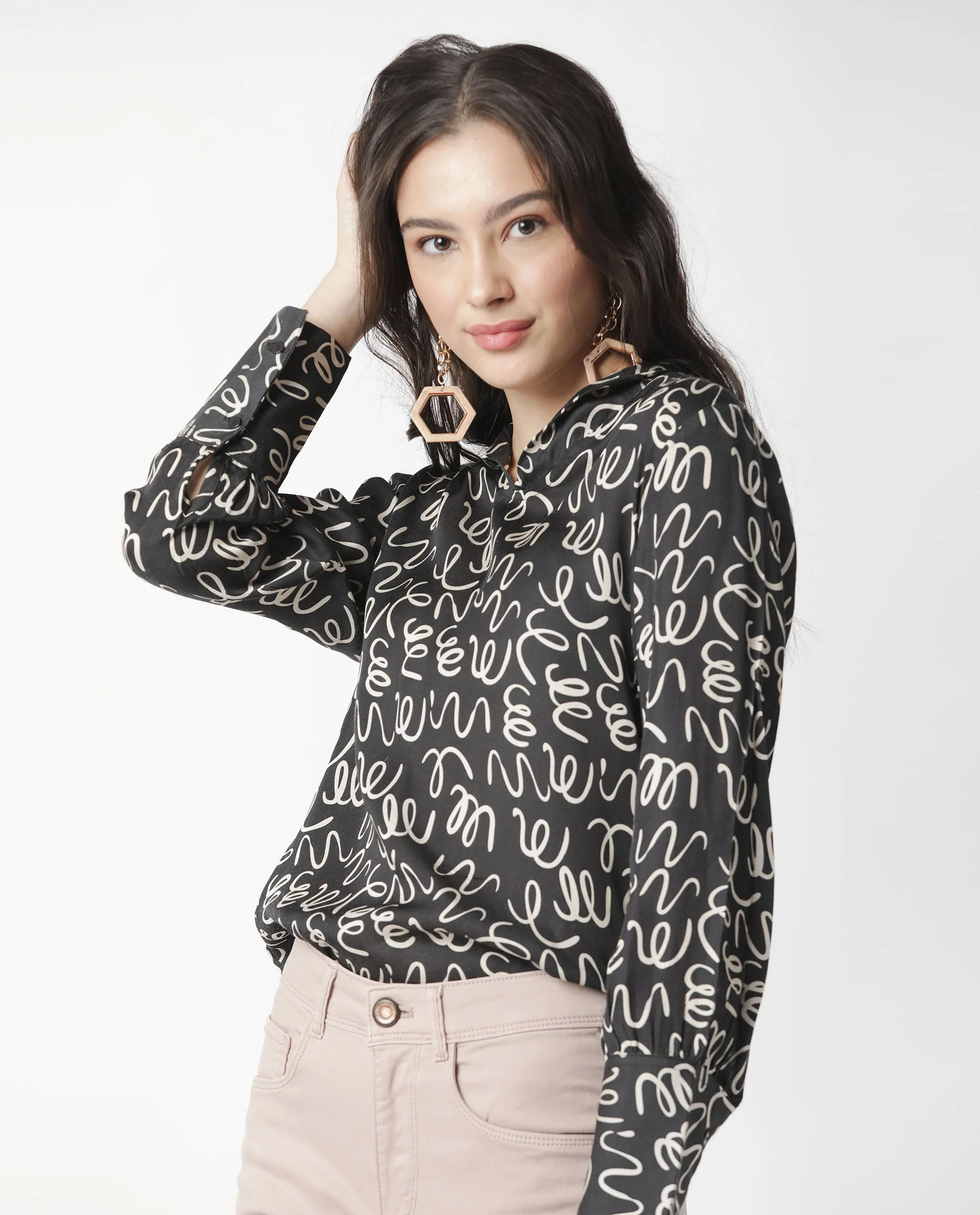 Rareism Womens Zesh Black Top Modal Satin Fabric Regular Fit Full Sleeve High Neck - Image 14