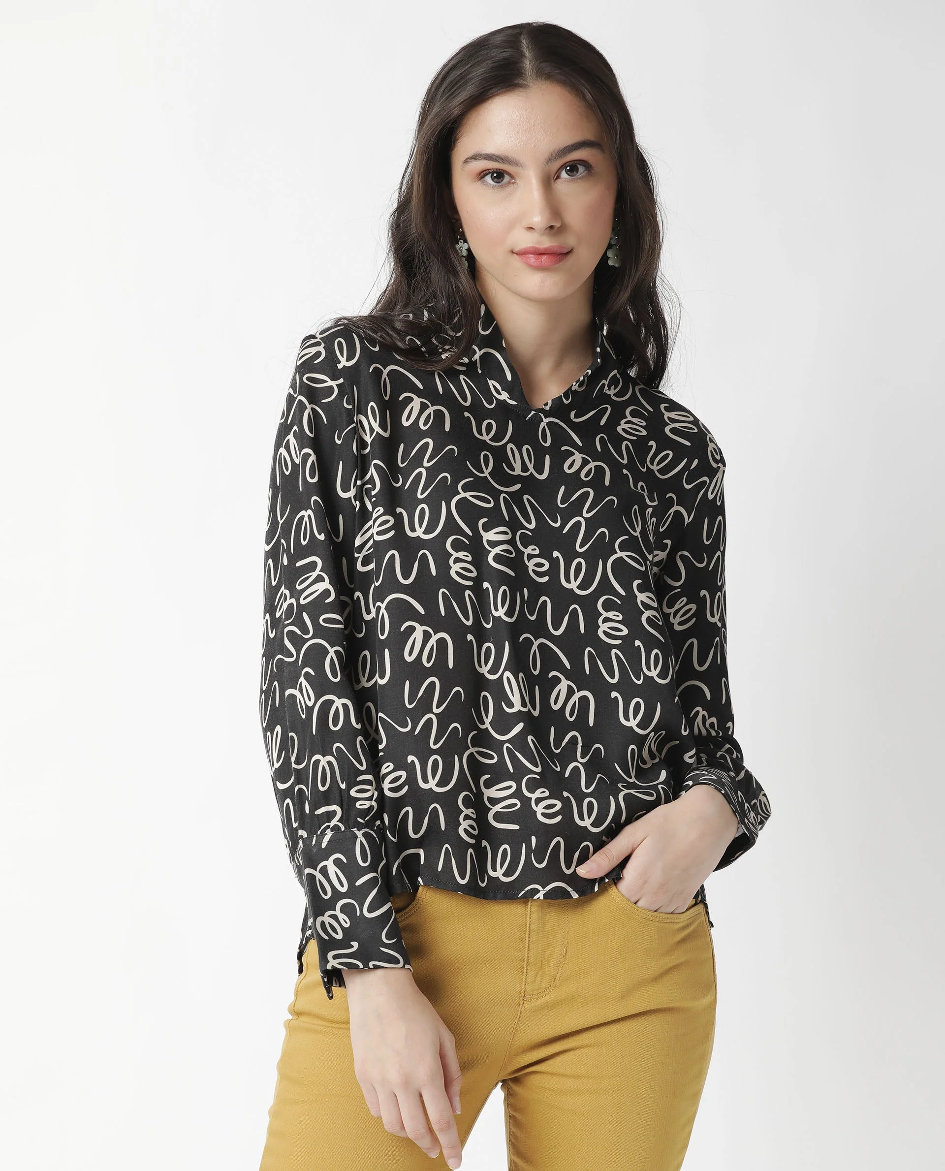 Rareism Womens Zesh Black Top Modal Satin Fabric Regular Fit Full Sleeve High Neck - Image 16